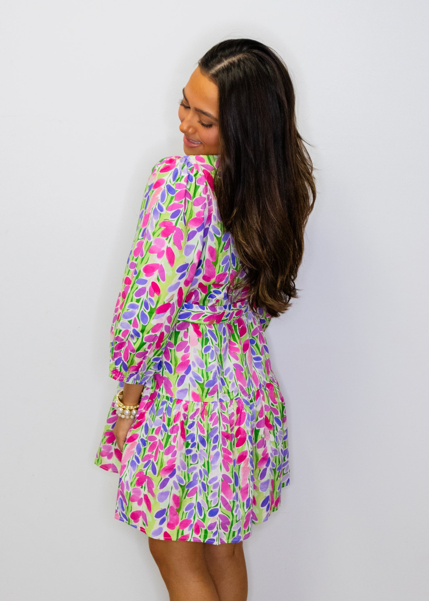 Green & Pink Leaf Print Dress