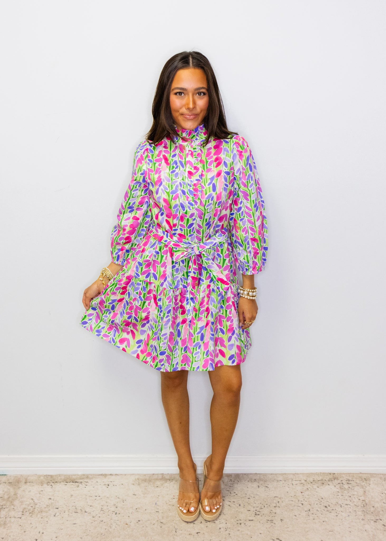 Green & Pink Leaf Print Dress