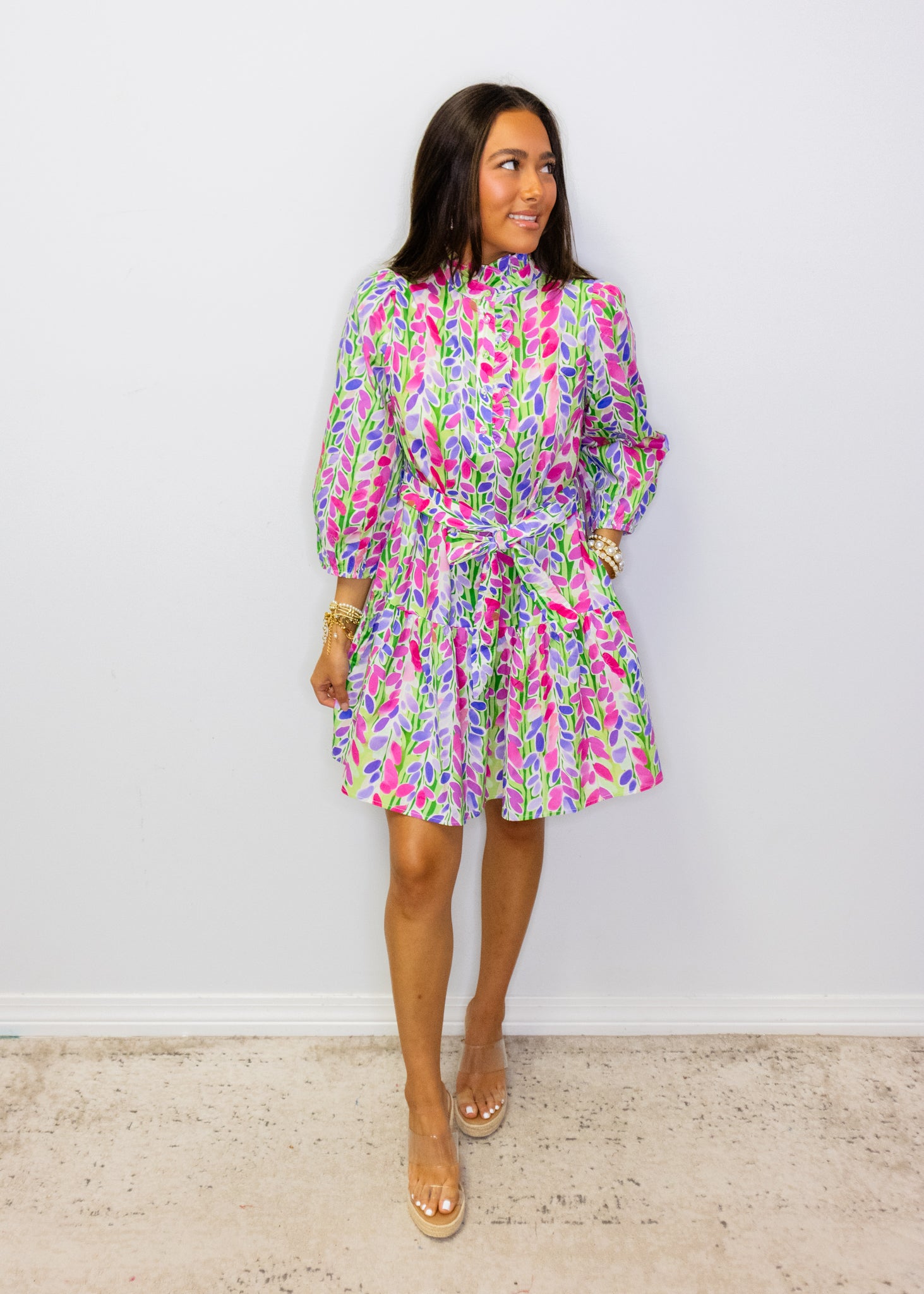 Green & Pink Leaf Print Dress
