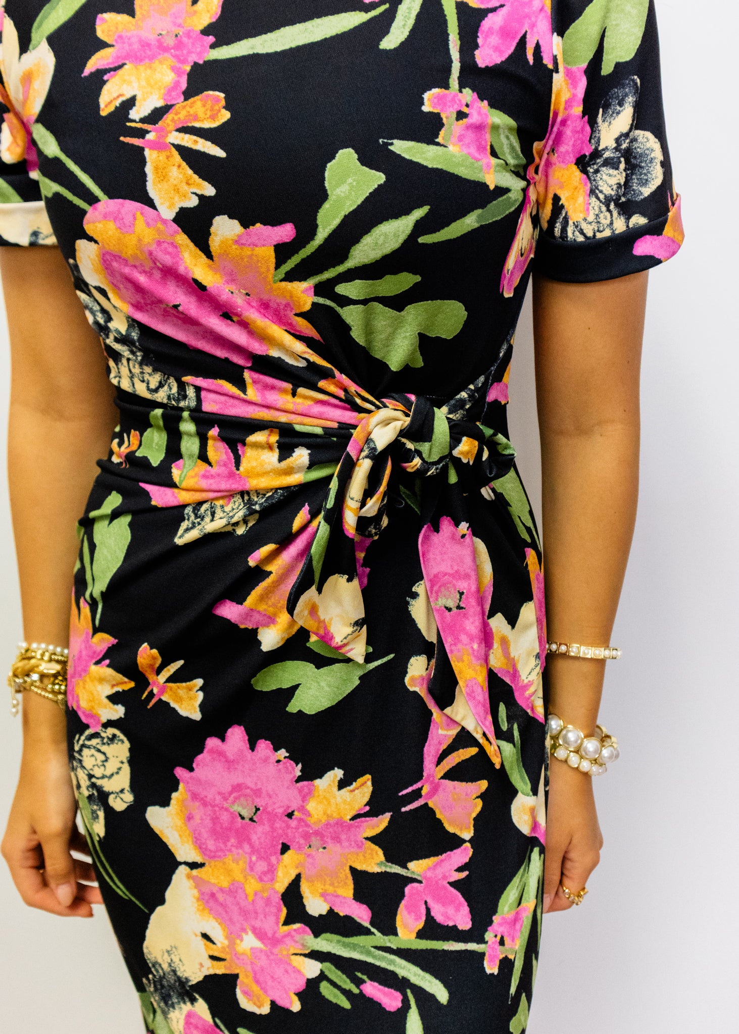 Black & Pink Floral Midi Dress