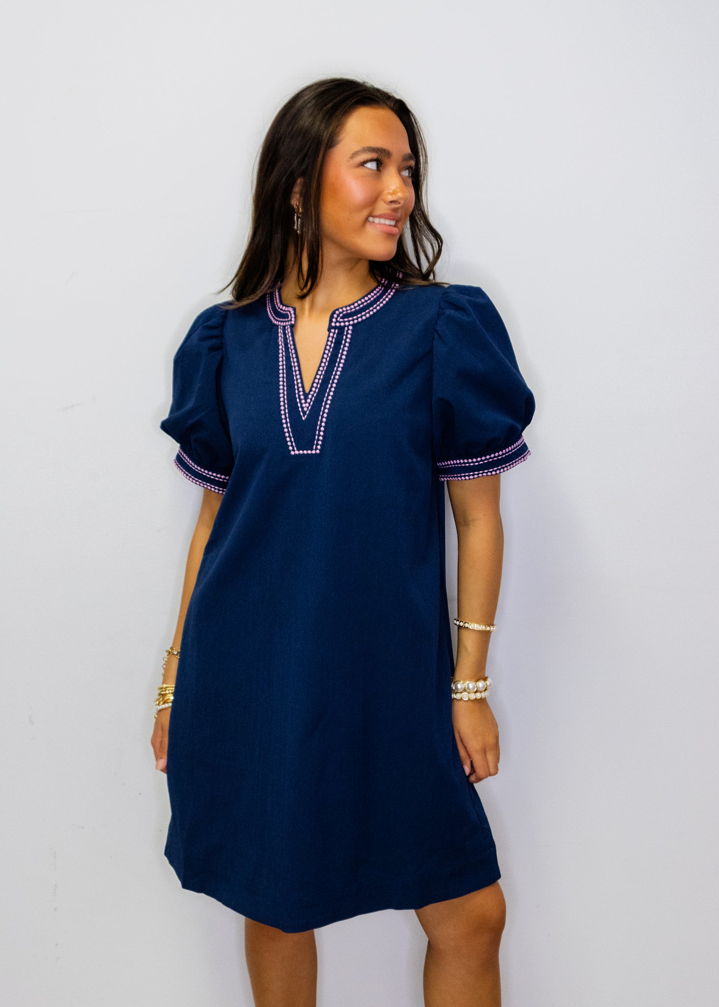 Navy Border Embroidered Dress