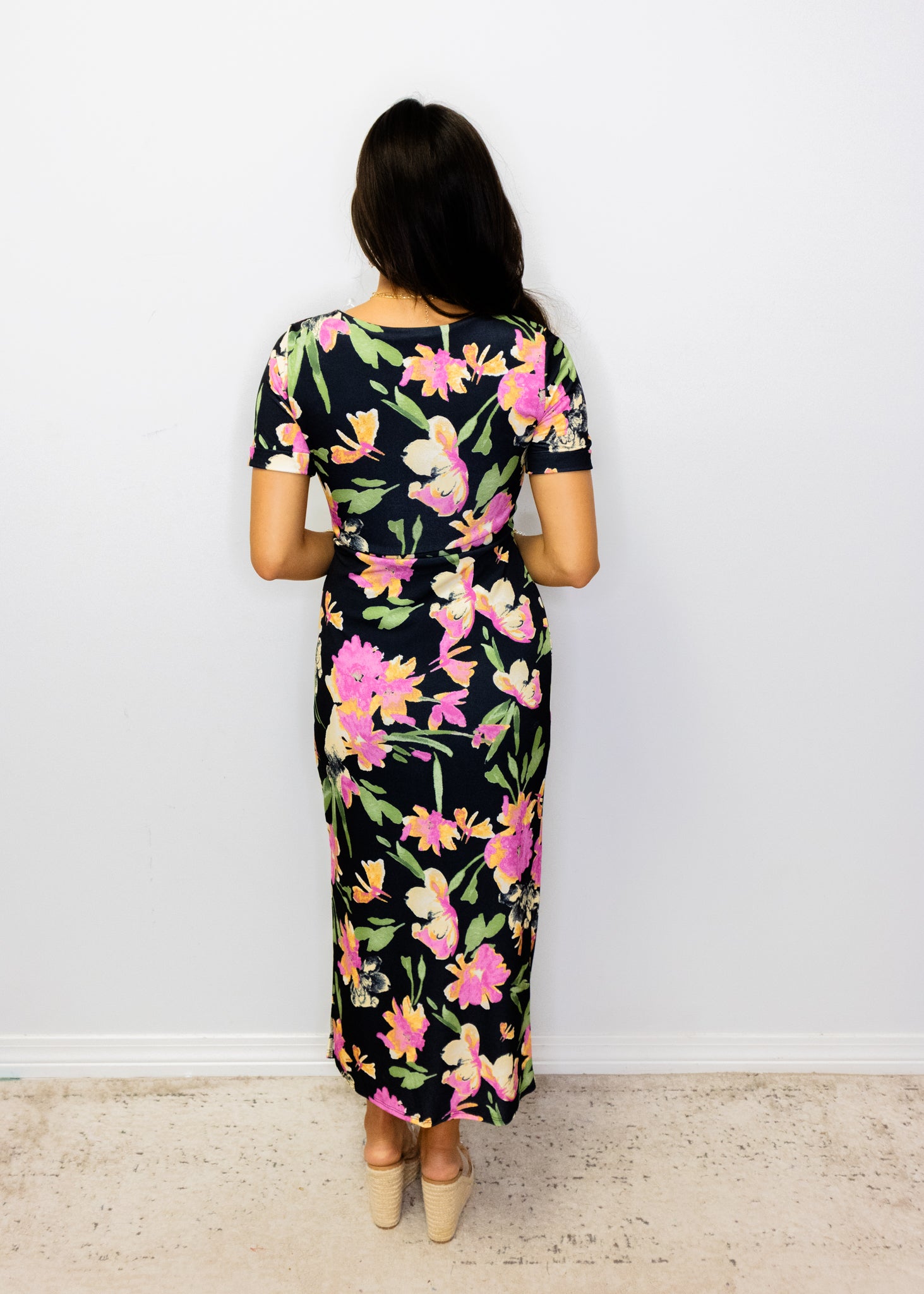 Black & Pink Floral Midi Dress