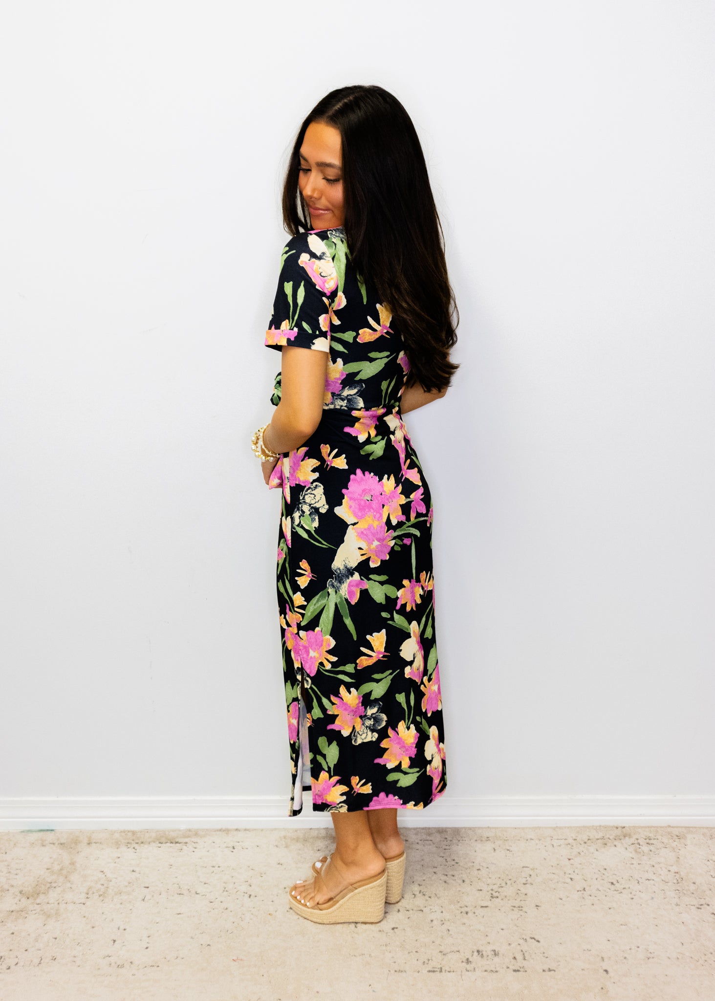 Black & Pink Floral Midi Dress