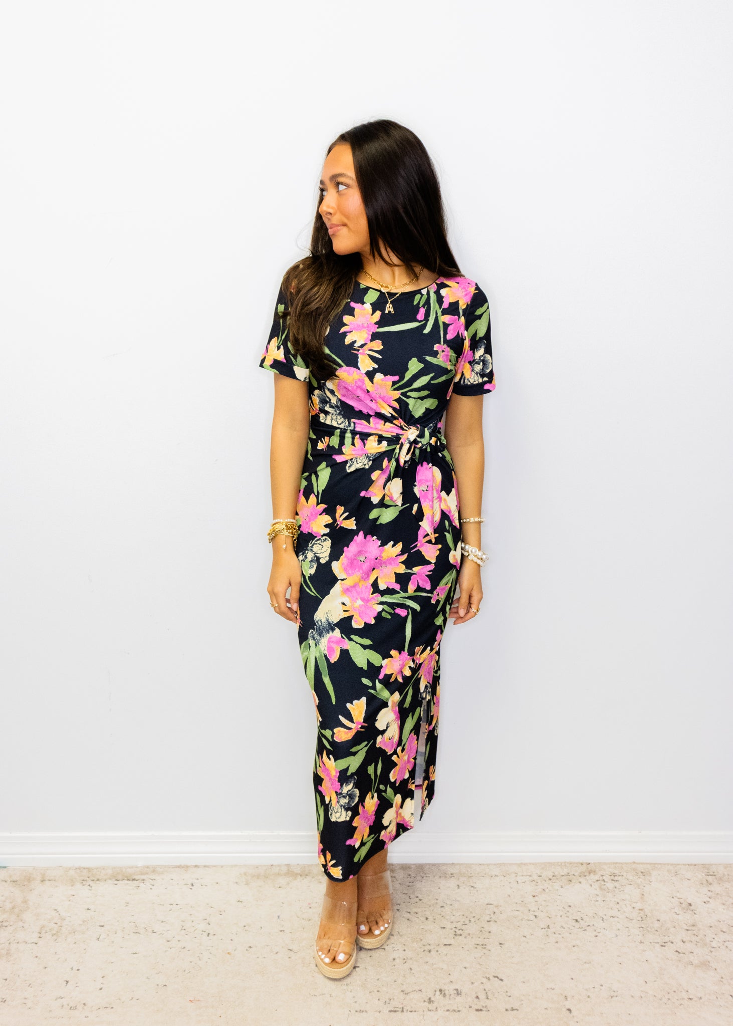 Black & Pink Floral Midi Dress