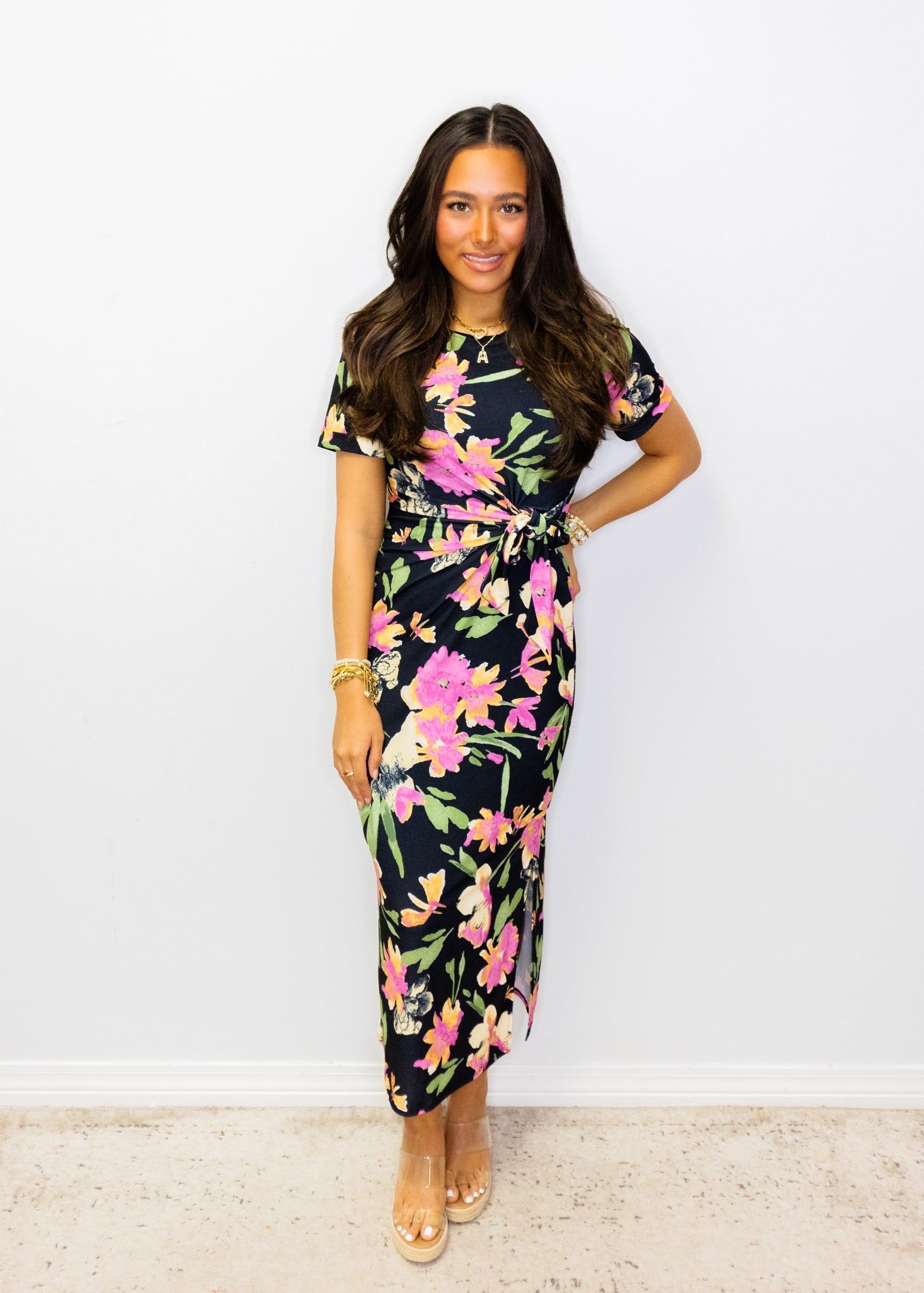 Black & Pink Floral Midi Dress