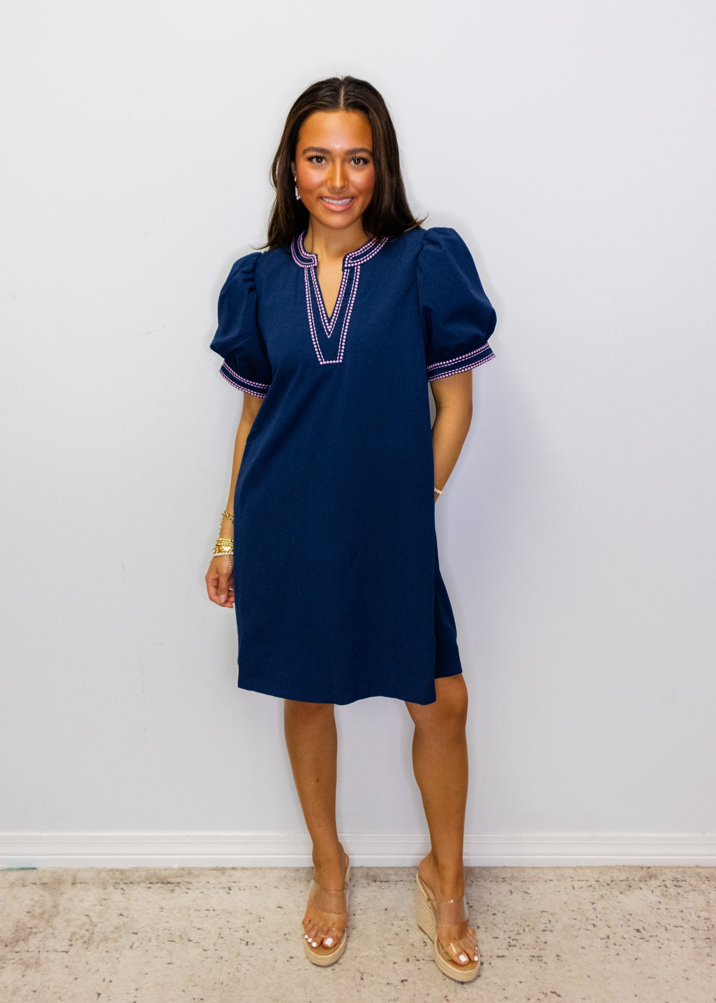 Navy Border Embroidered Dress