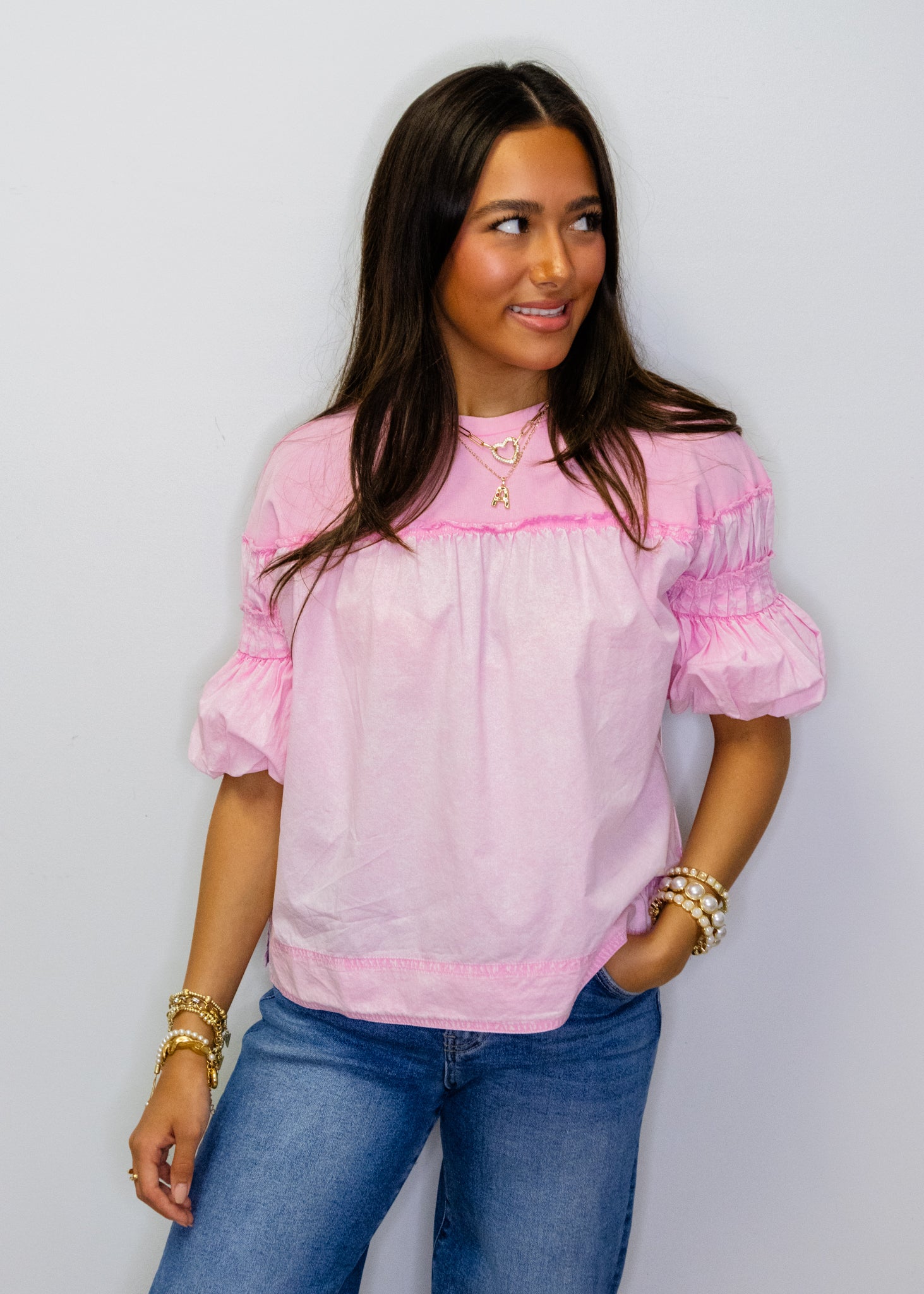 Pink Mineral Wash Puff Sleeve Top
