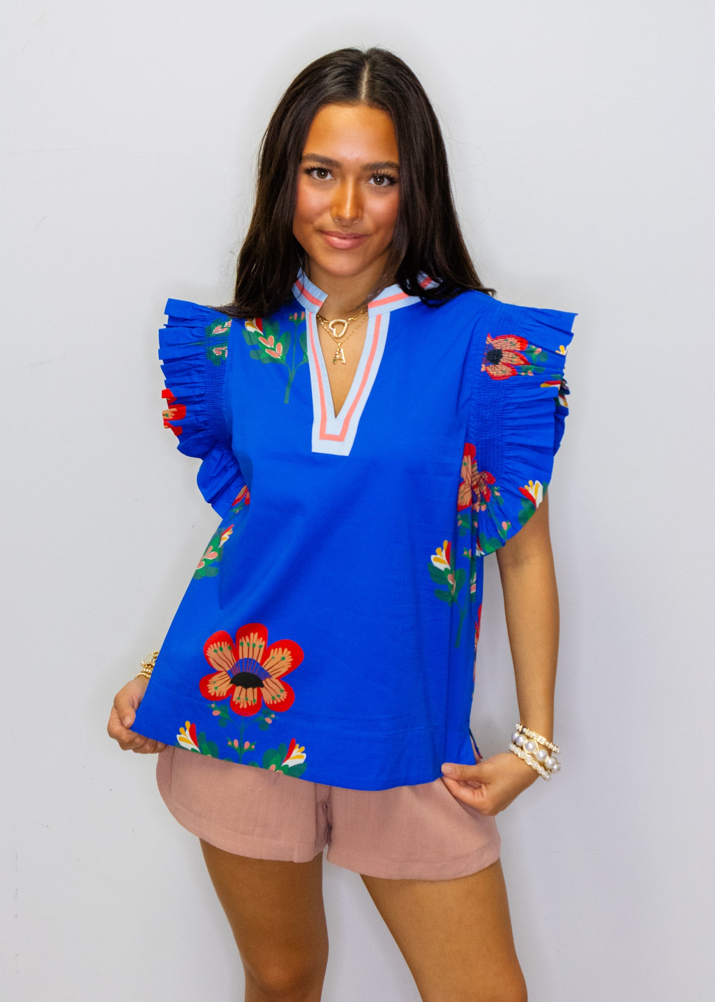 Royal Blue Floral Frilled Sleeve Top