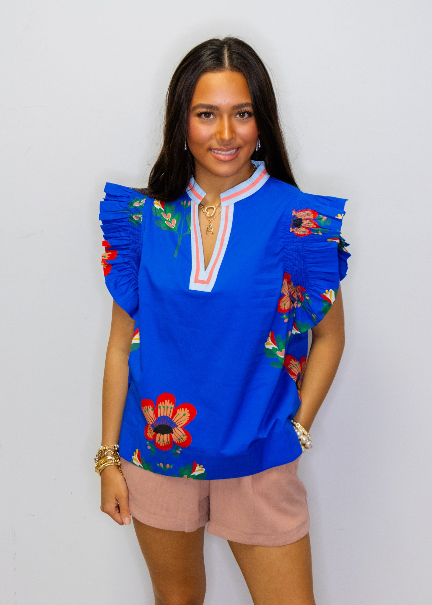 Royal Blue Floral Frilled Sleeve Top