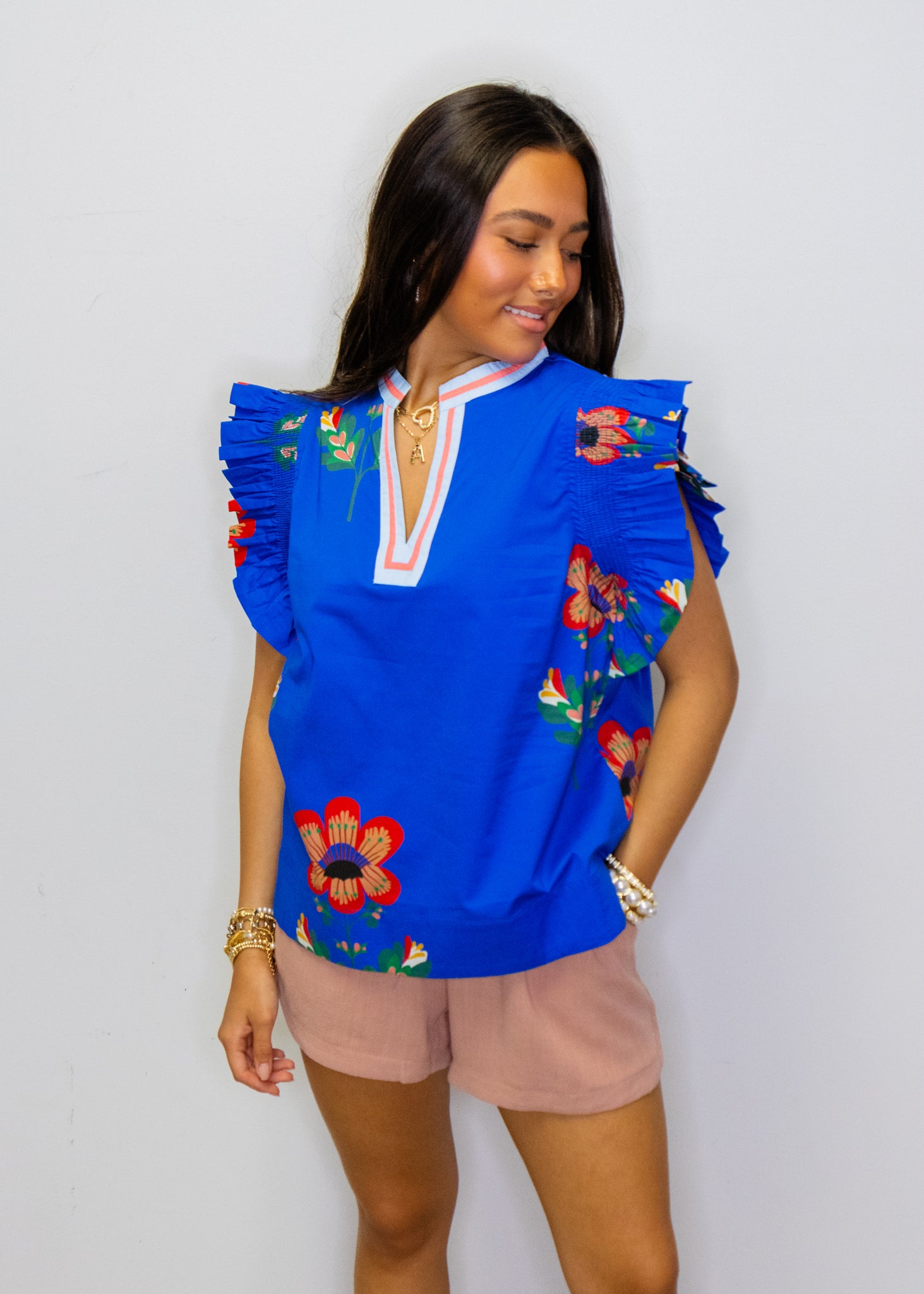 Royal Blue Floral Frilled Sleeve Top