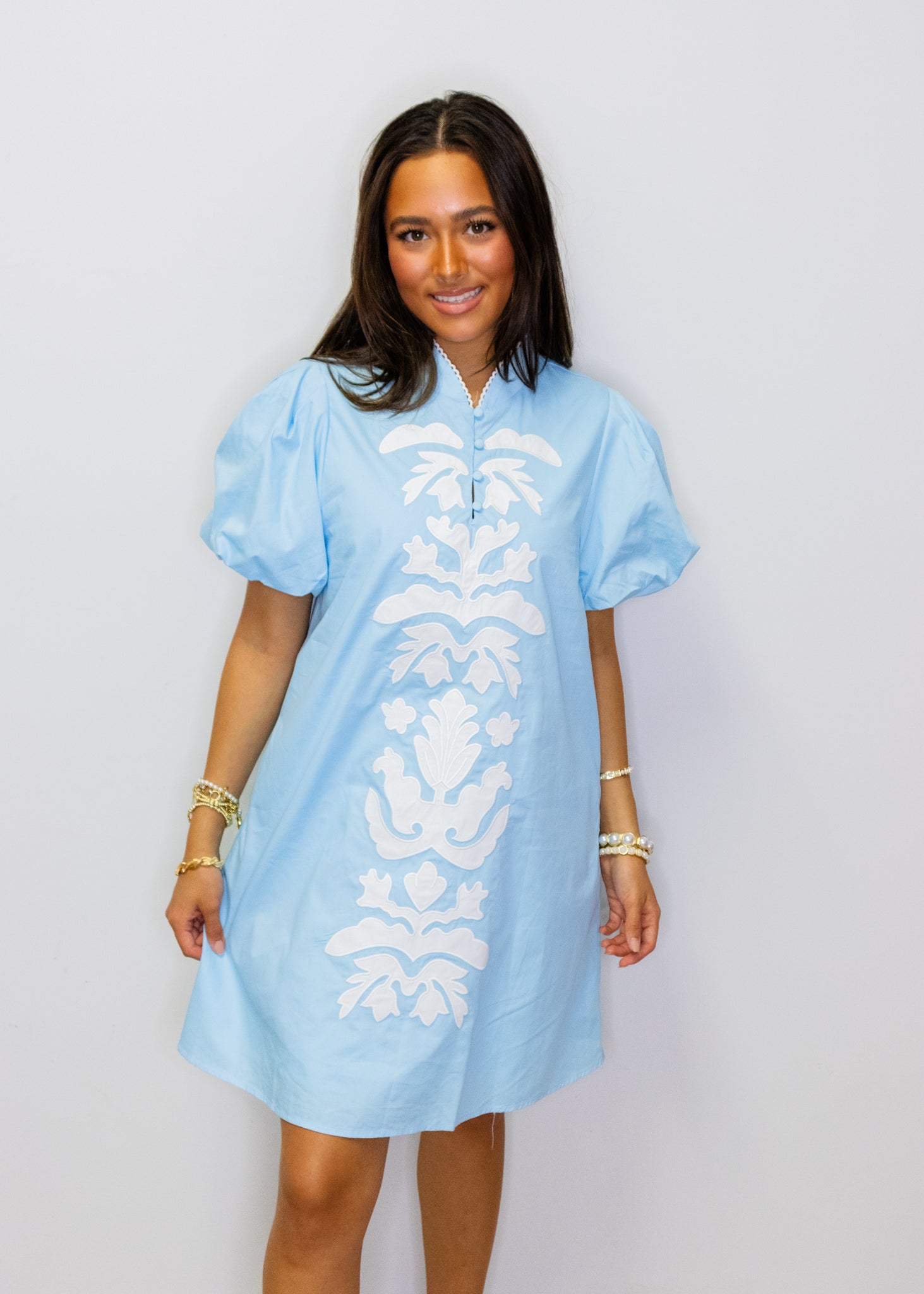 Powder Blue Baroque Applique Shift Dress
