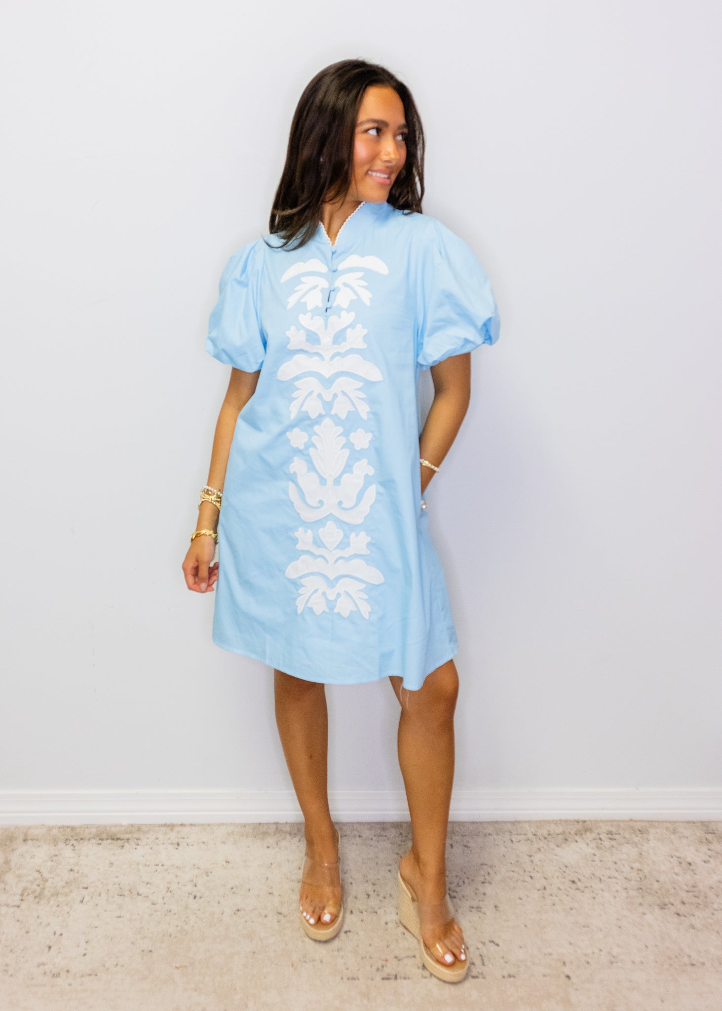 Powder Blue Baroque Applique Shift Dress