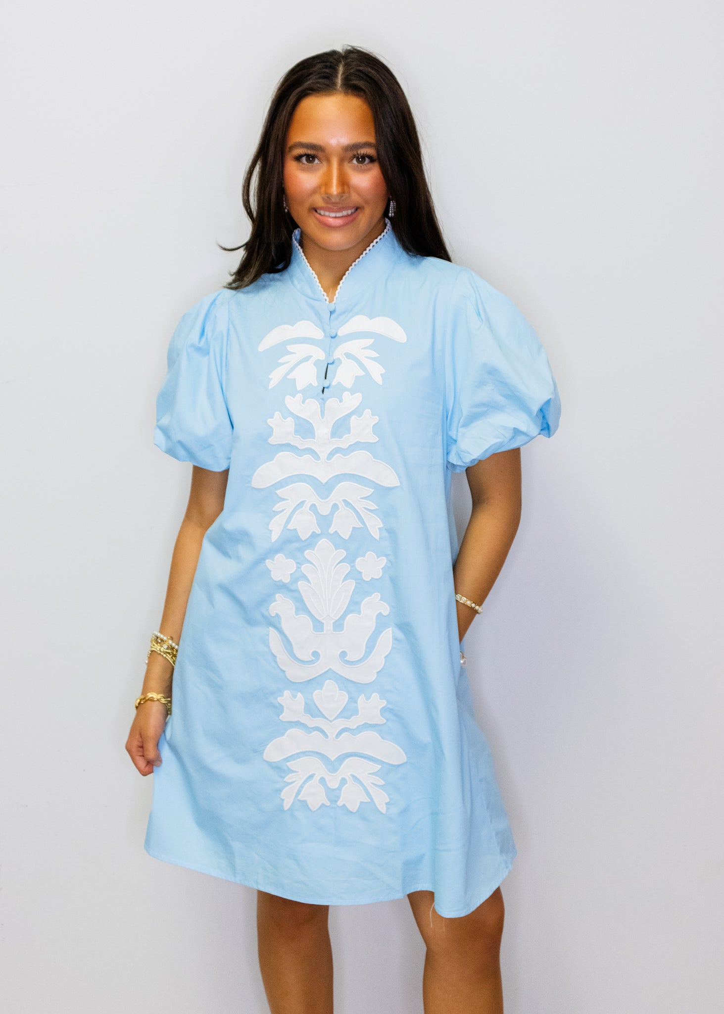 Powder Blue Baroque Applique Shift Dress