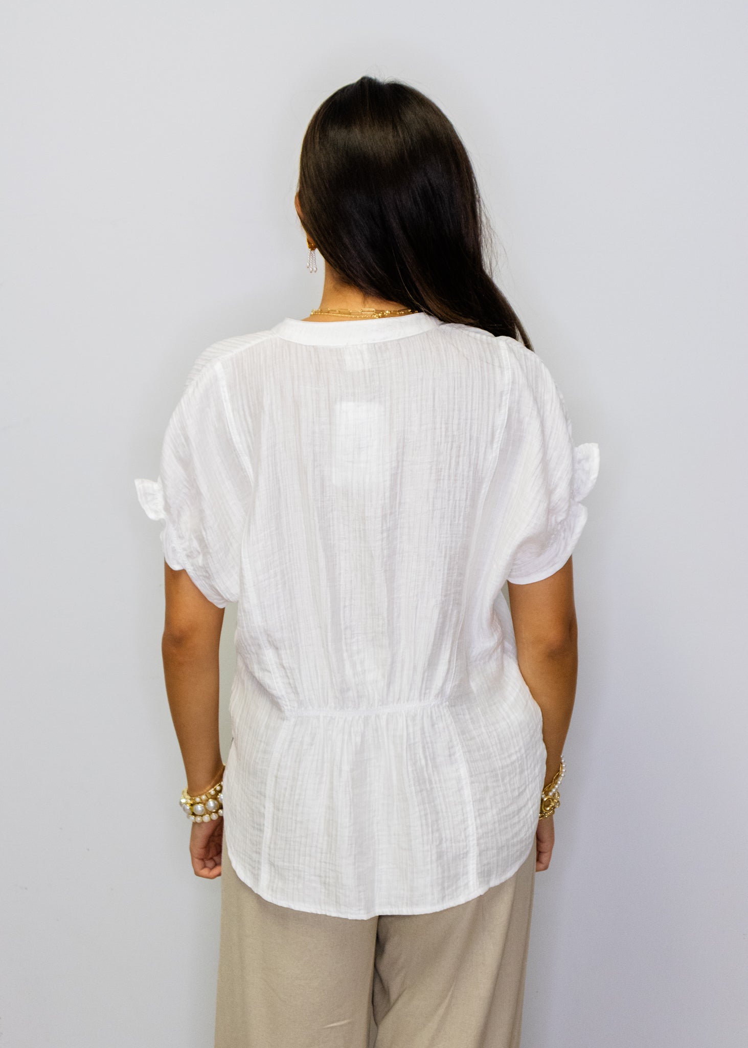 White Textured V-Neck Top