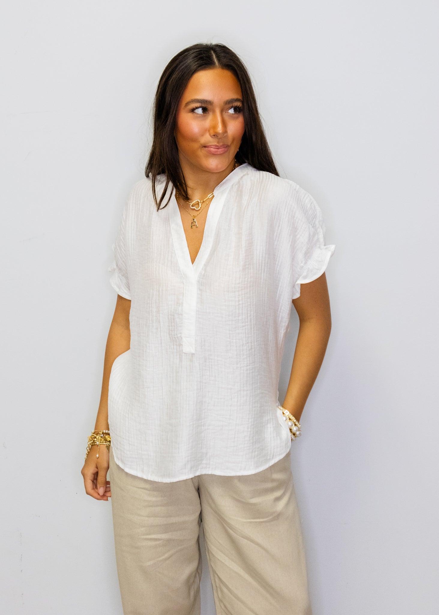 White Textured V-Neck Top