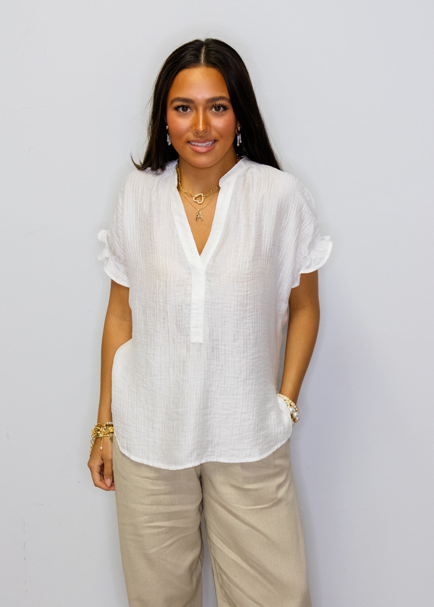 White Textured V-Neck Top