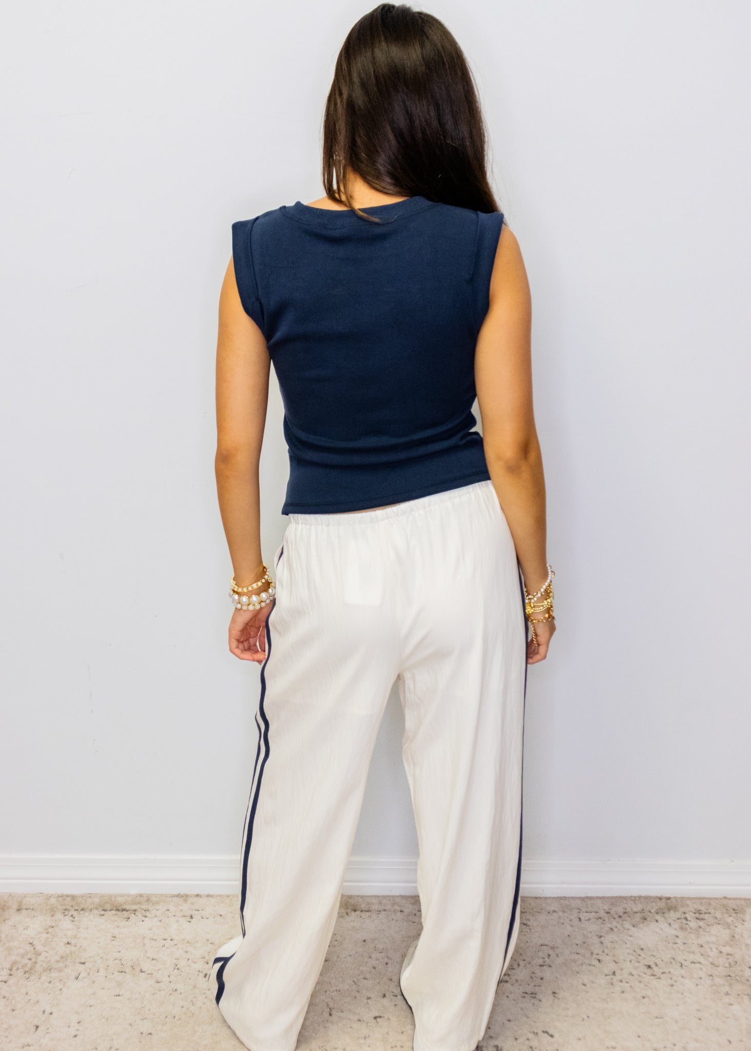 Ivory and Navy Stripe Elastic Waist Pants