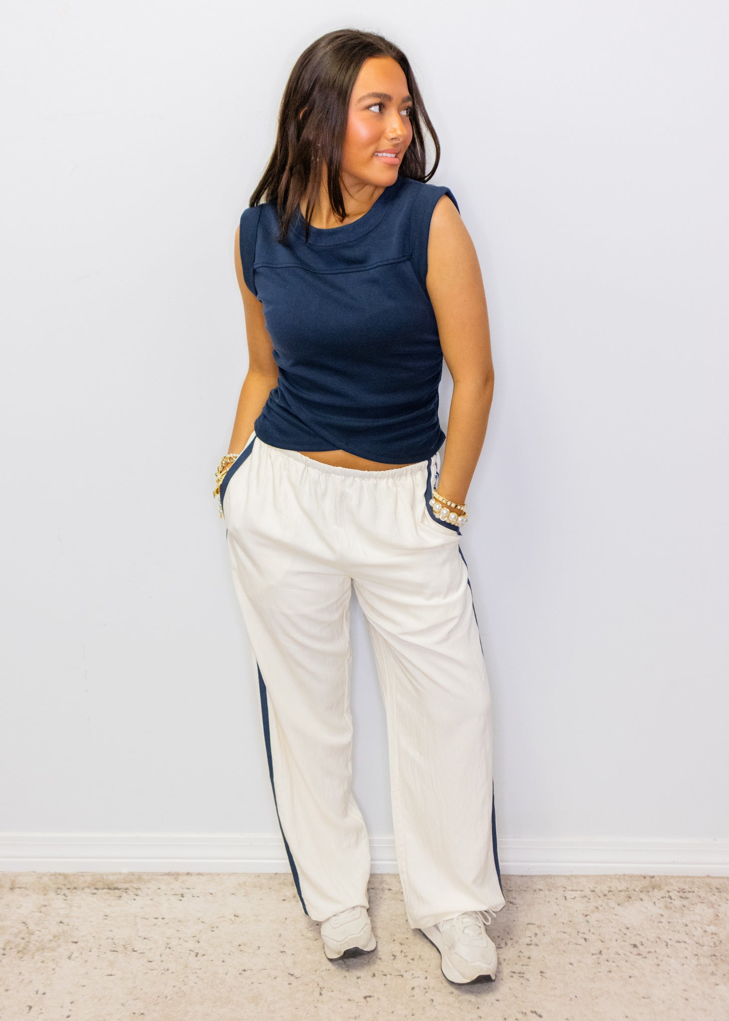 Ivory and Navy Stripe Elastic Waist Pants