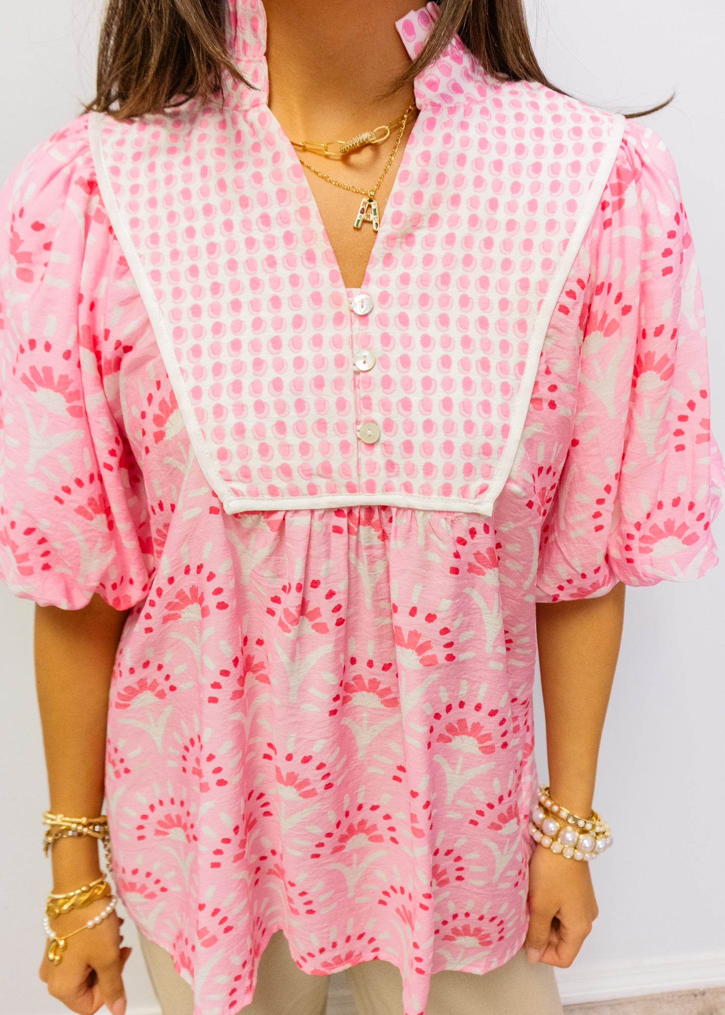 Pink Geometric Ruffle Detail Top