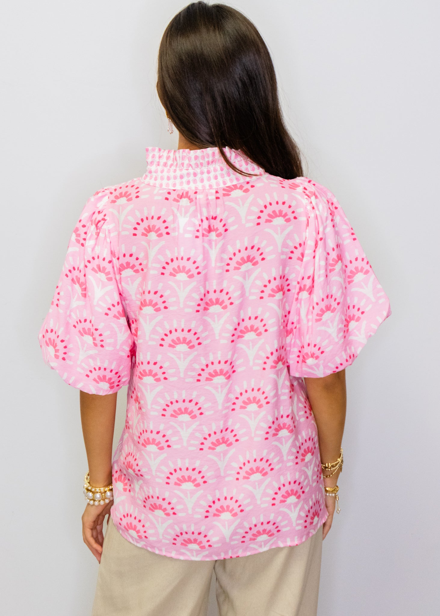 Pink Geometric Ruffle Detail Top