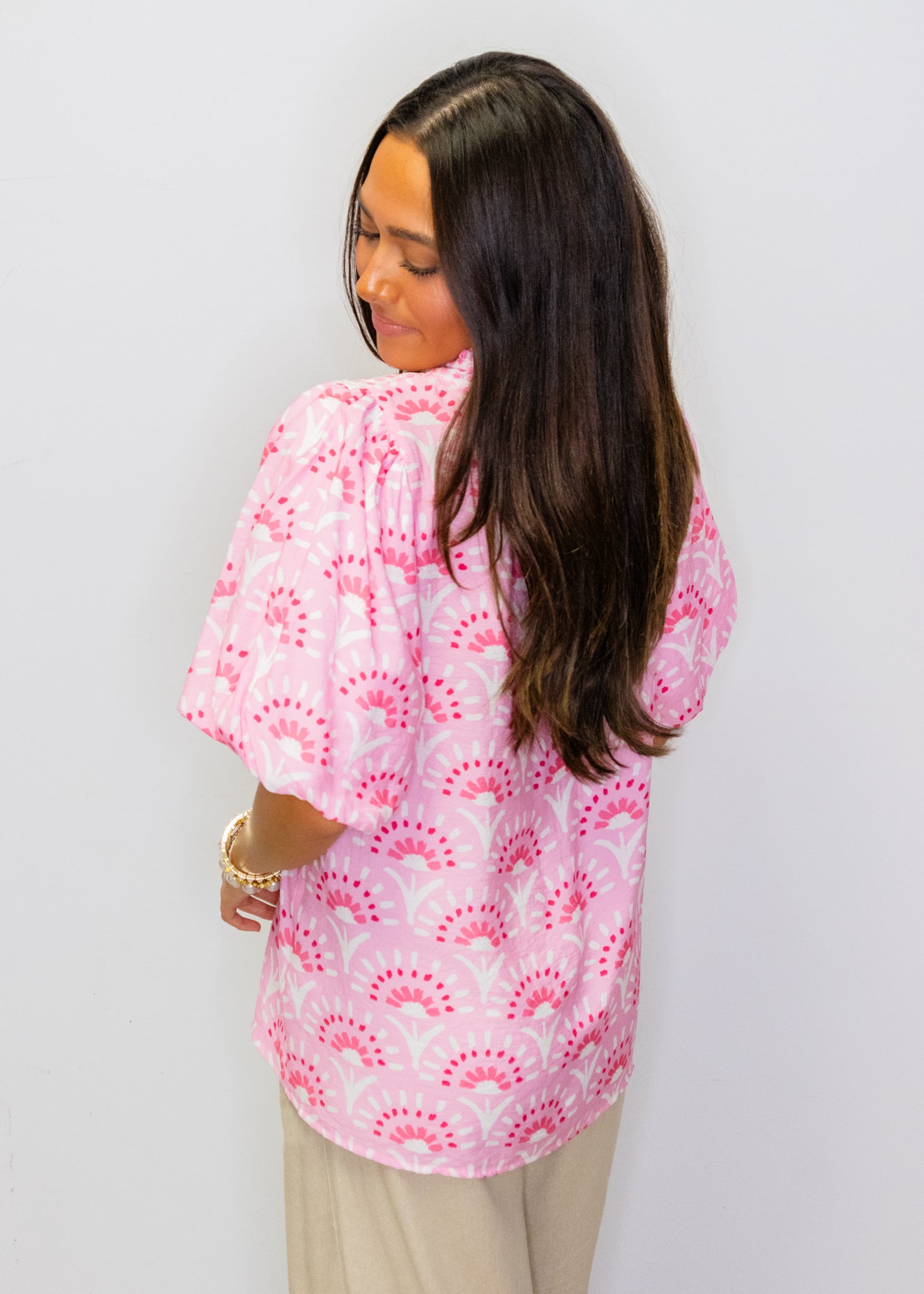 Pink Geometric Ruffle Detail Top