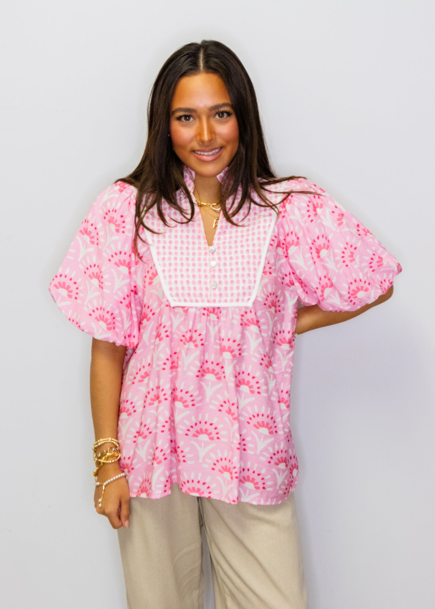 Pink Geometric Ruffle Detail Top