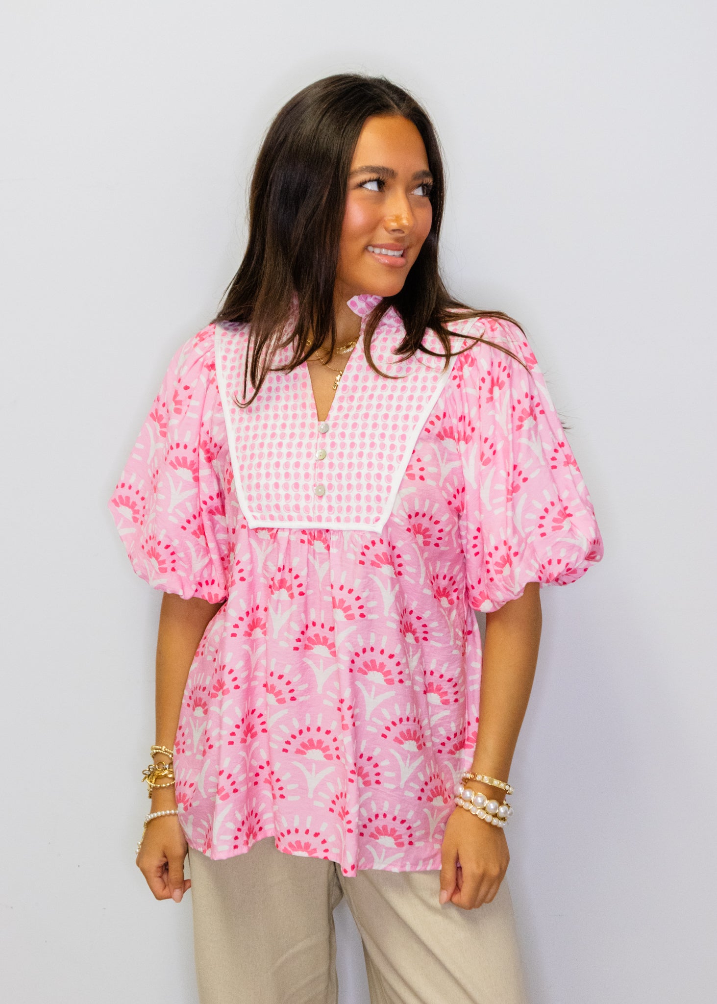 Pink Geometric Ruffle Detail Top