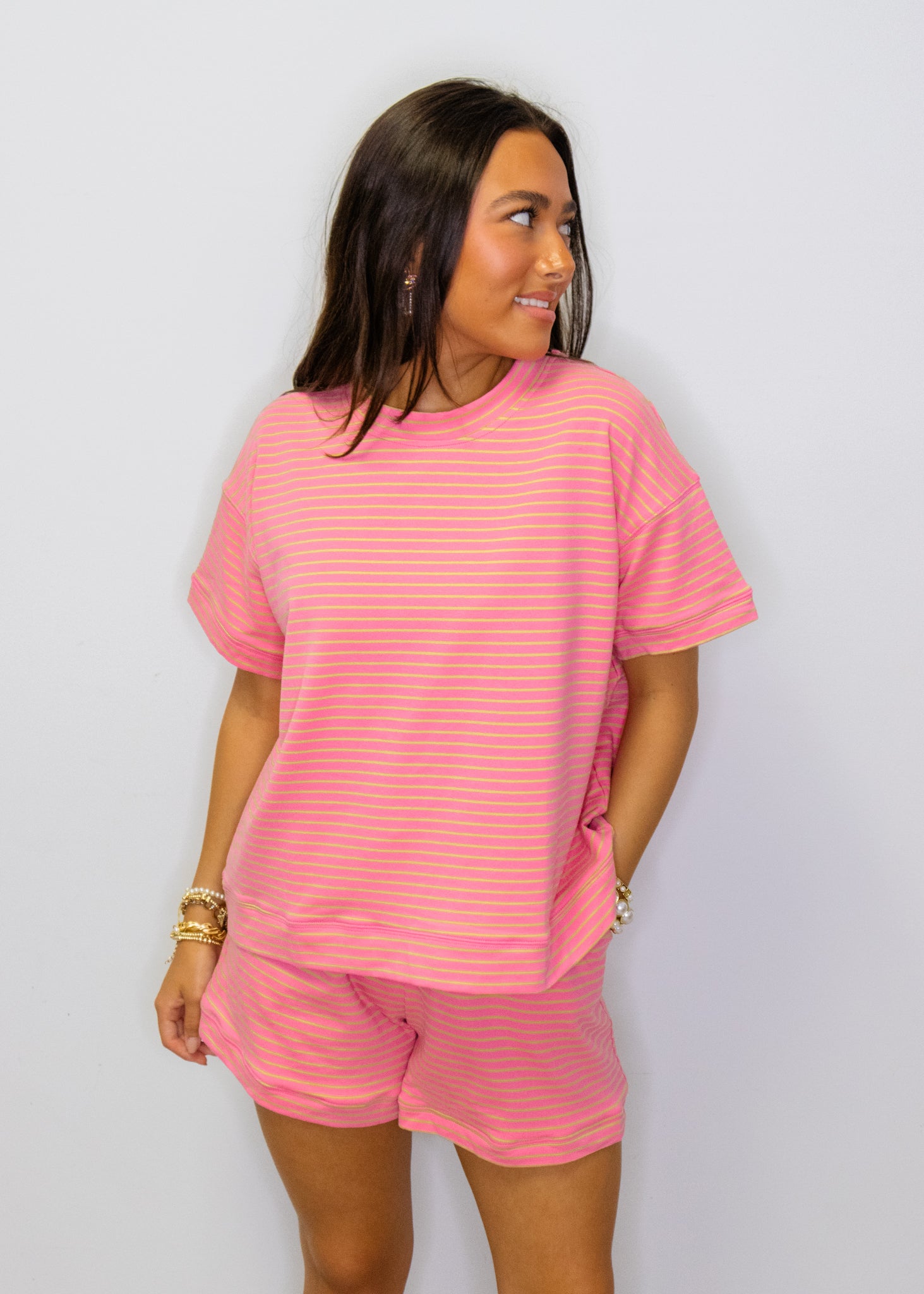 Pink & Yellow Stripe Short Set