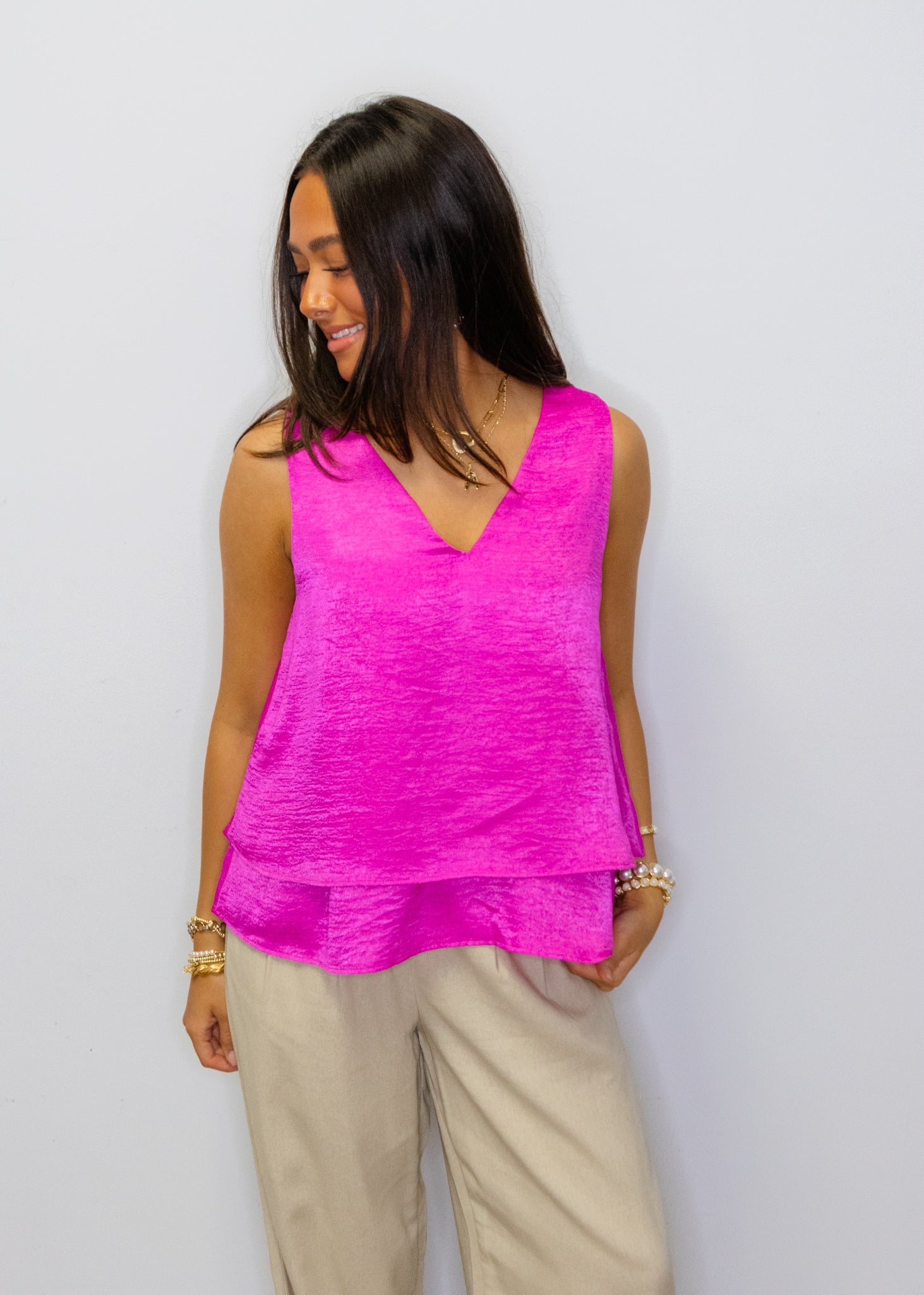 Fuchsia V-Neck Tie Back Top