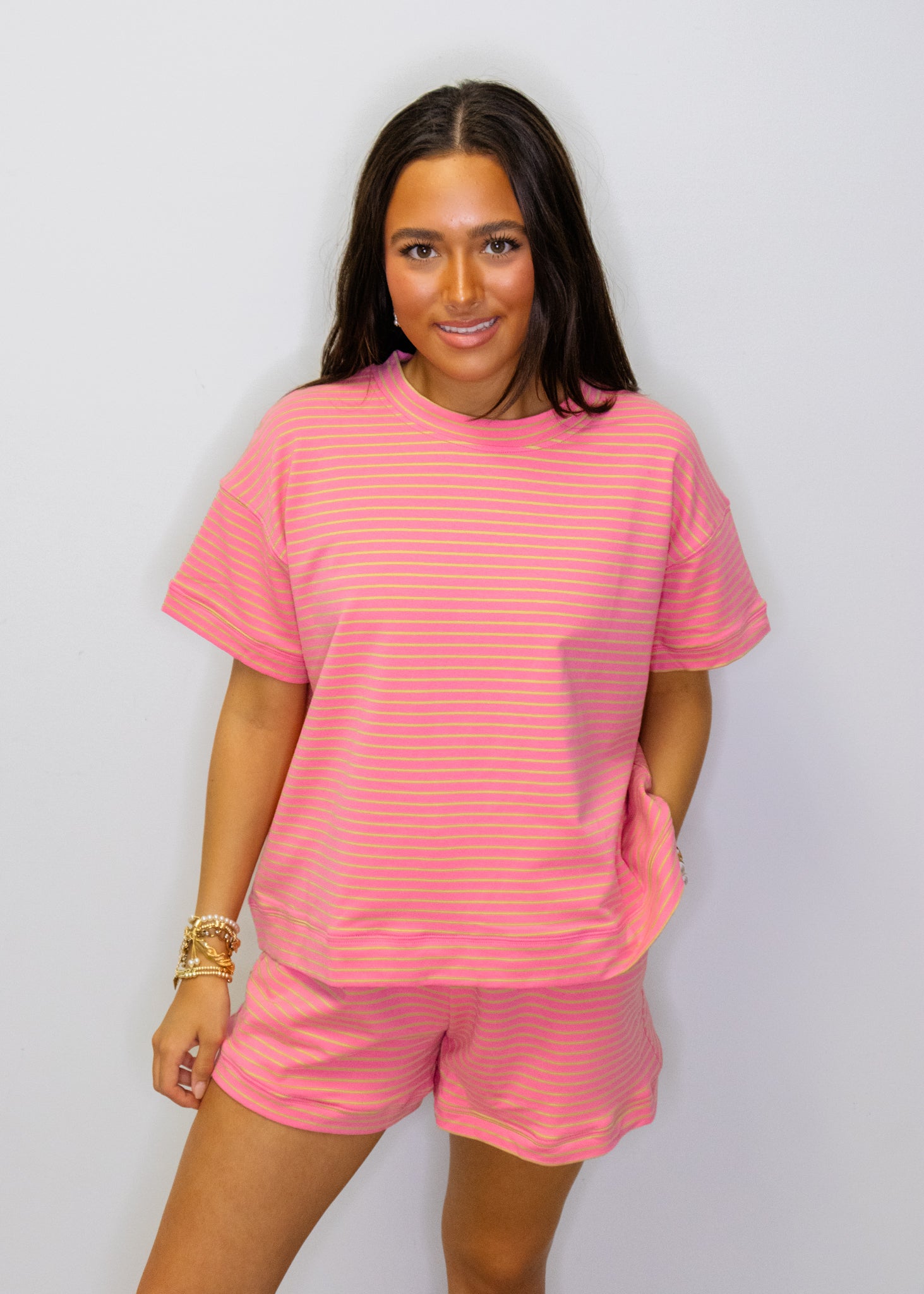 Pink & Yellow Stripe Short Set