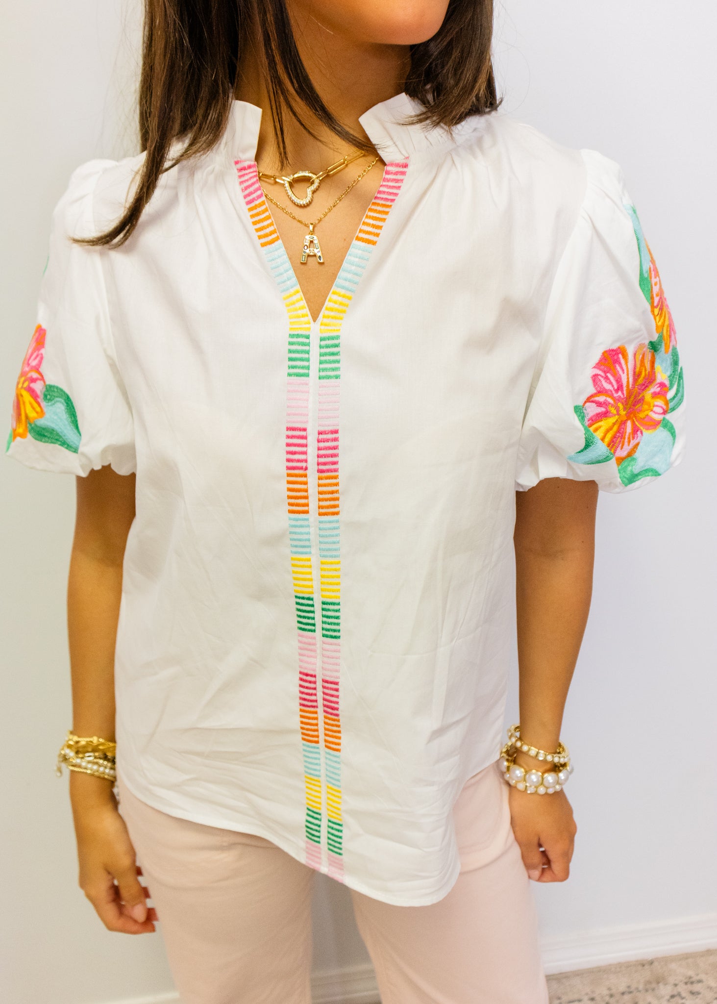 White Multi Floral Embroidered Top