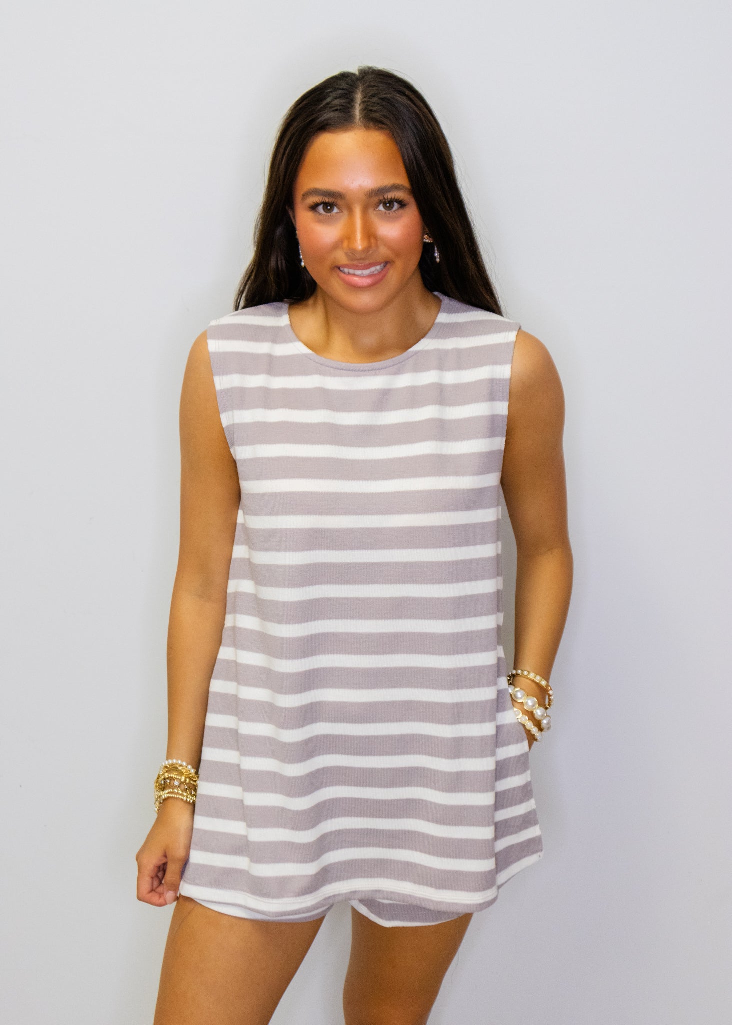 Taupe & White Stripe Shorts Set
