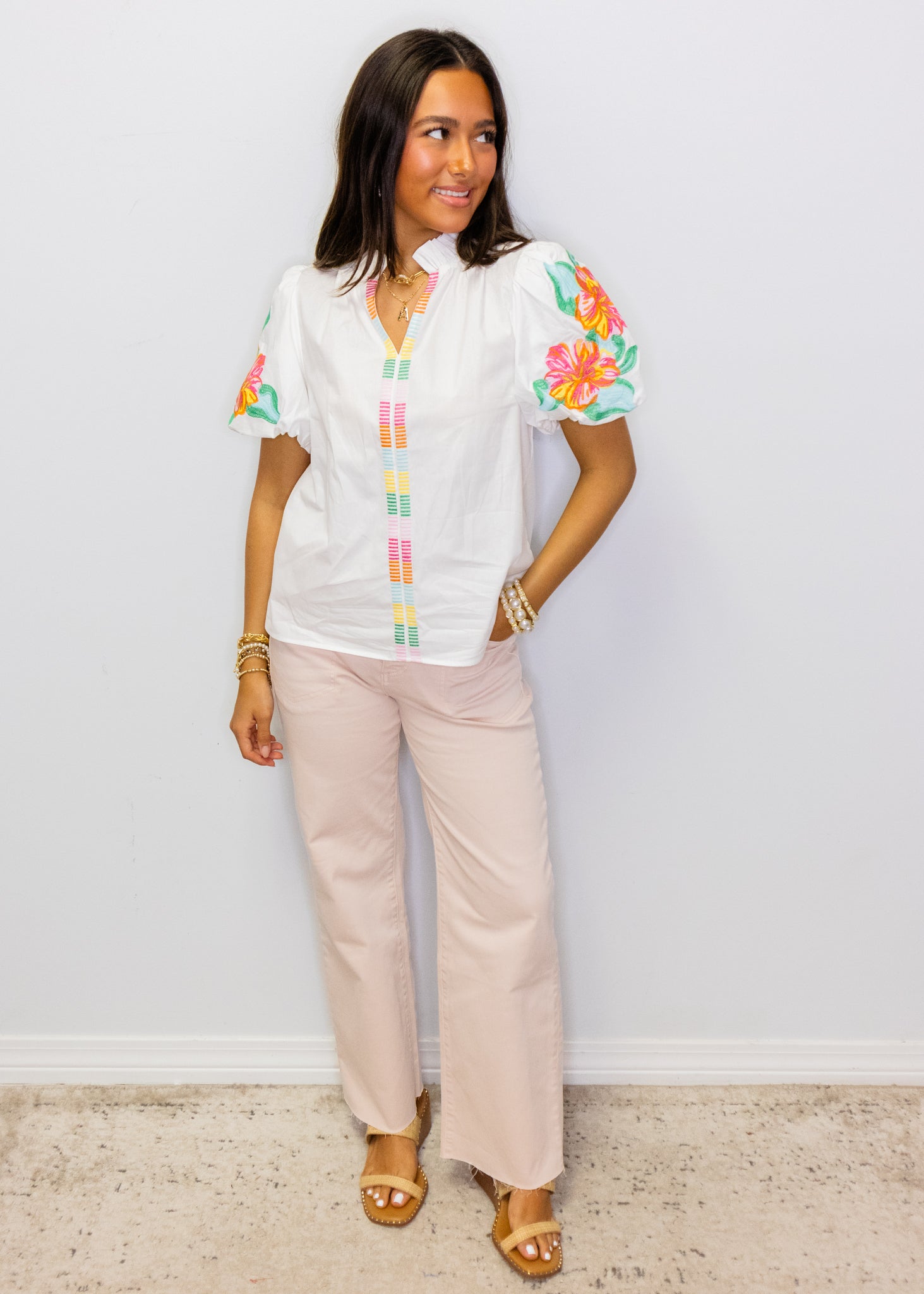 White Multi Floral Embroidered Top