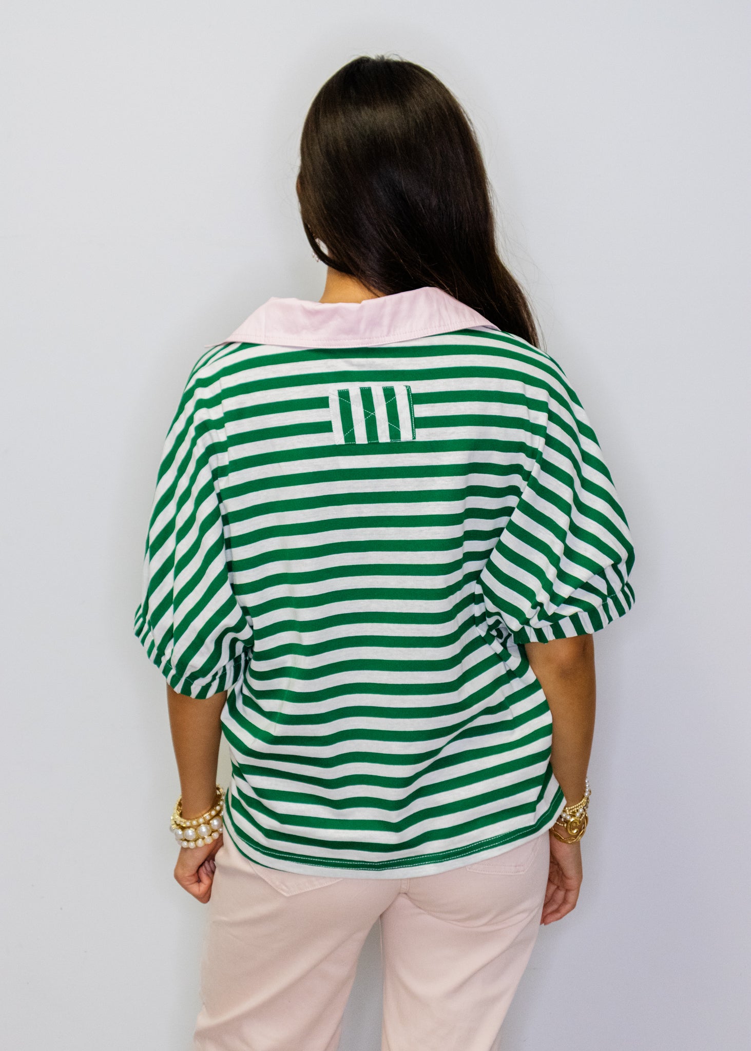 Green Stripe Pink Collar Top