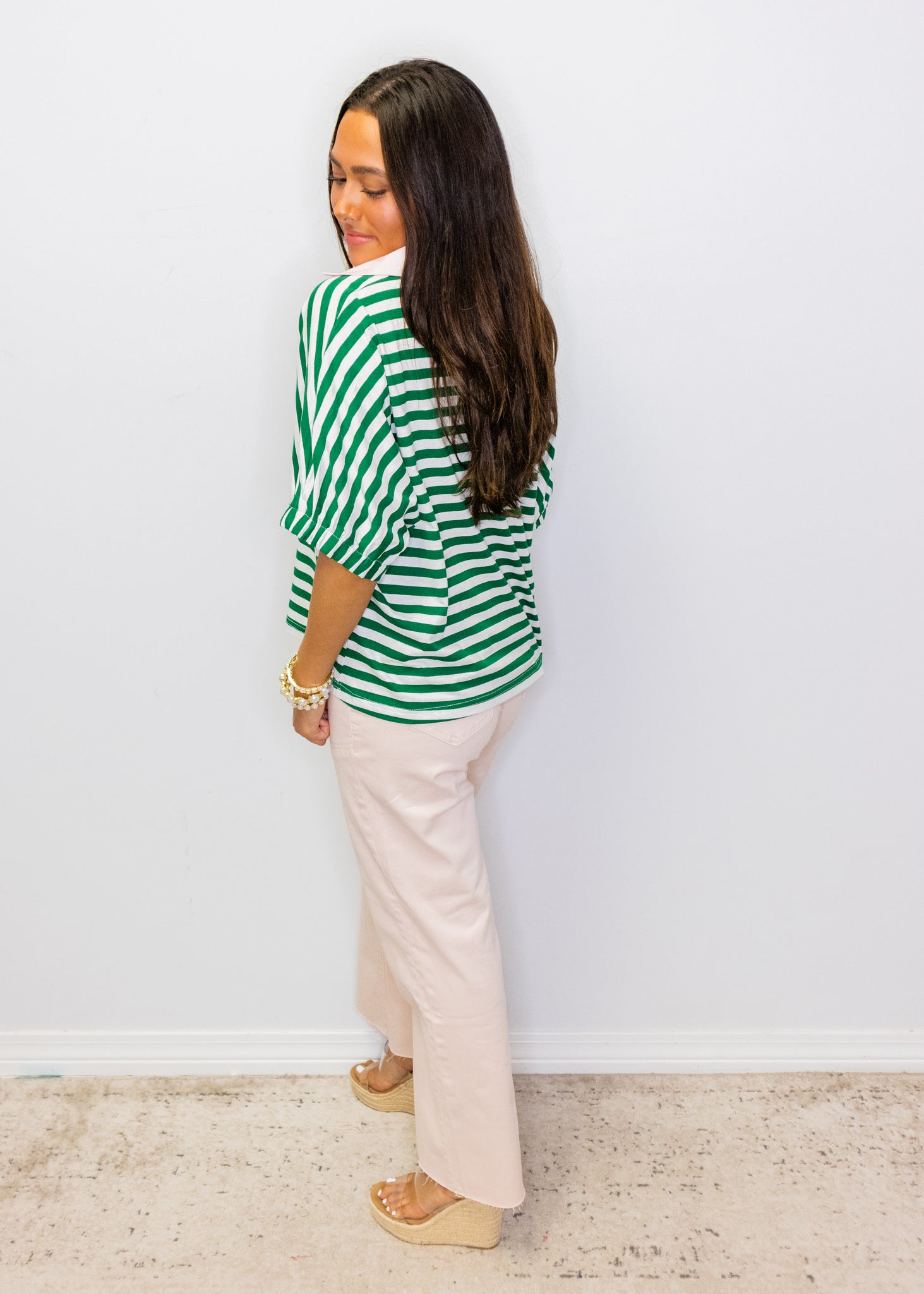 Green Stripe Pink Collar Top