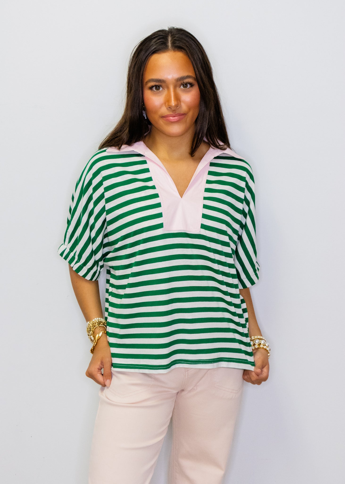 Green Stripe Pink Collar Top