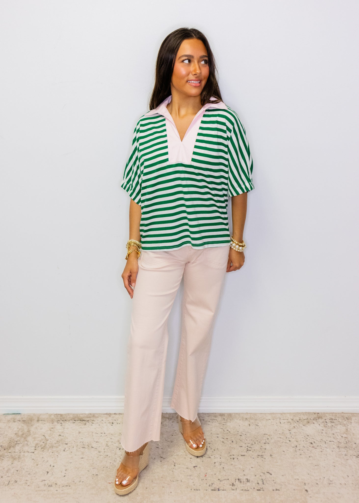 Green Stripe Pink Collar Top