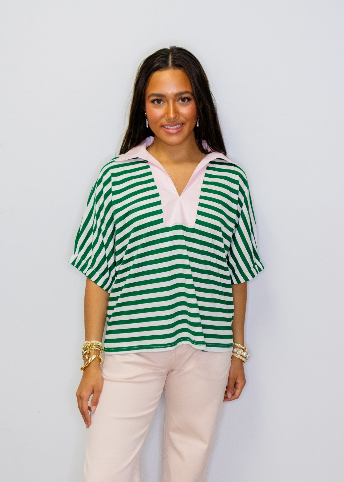 Green Stripe Pink Collar Top
