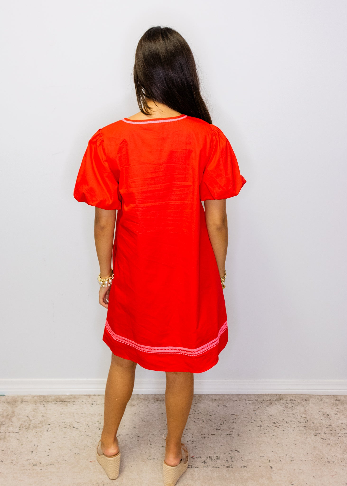 Red & Pink Embroidered Shift Dress