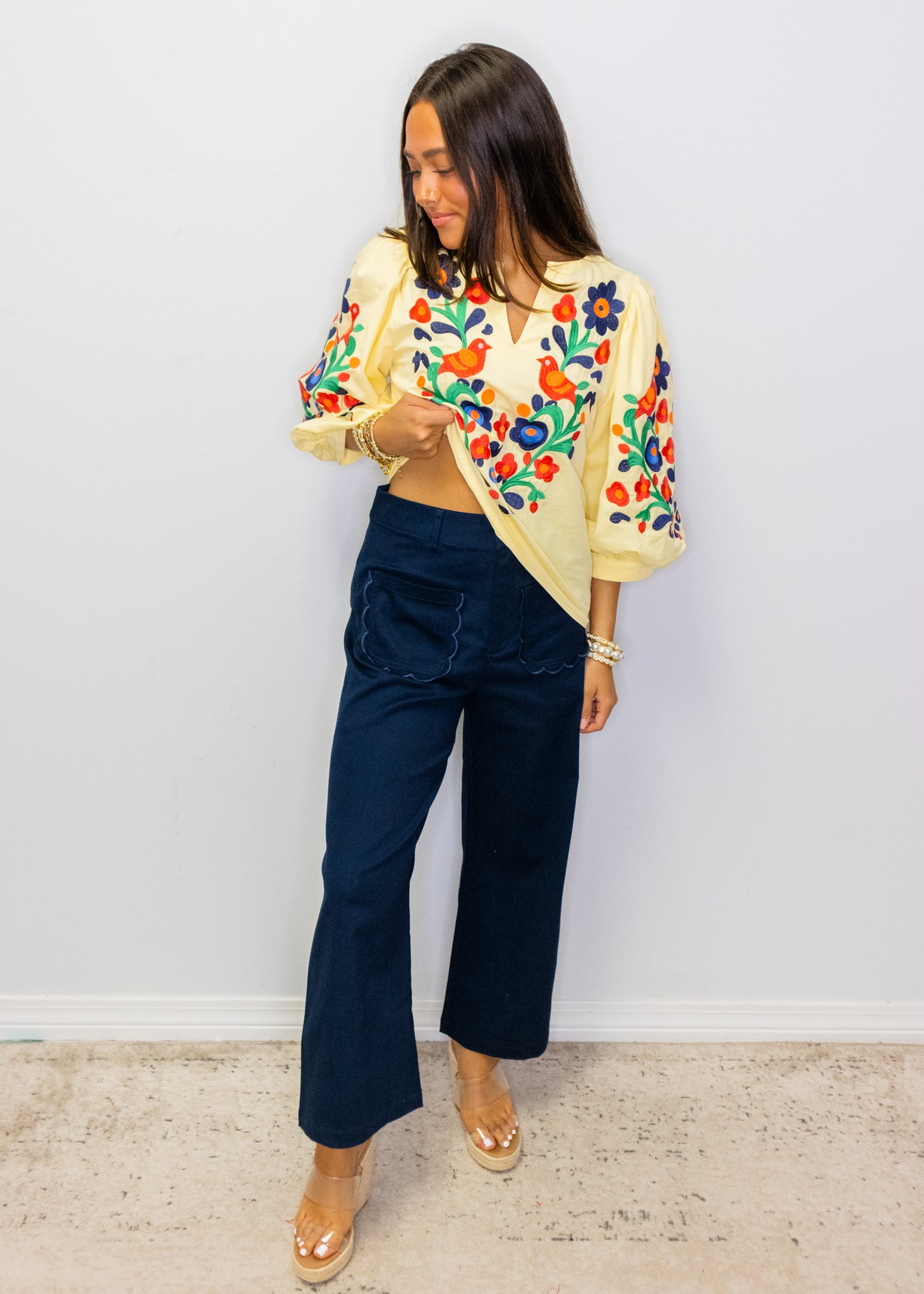 Navy Scallop Pocket Wide Pants