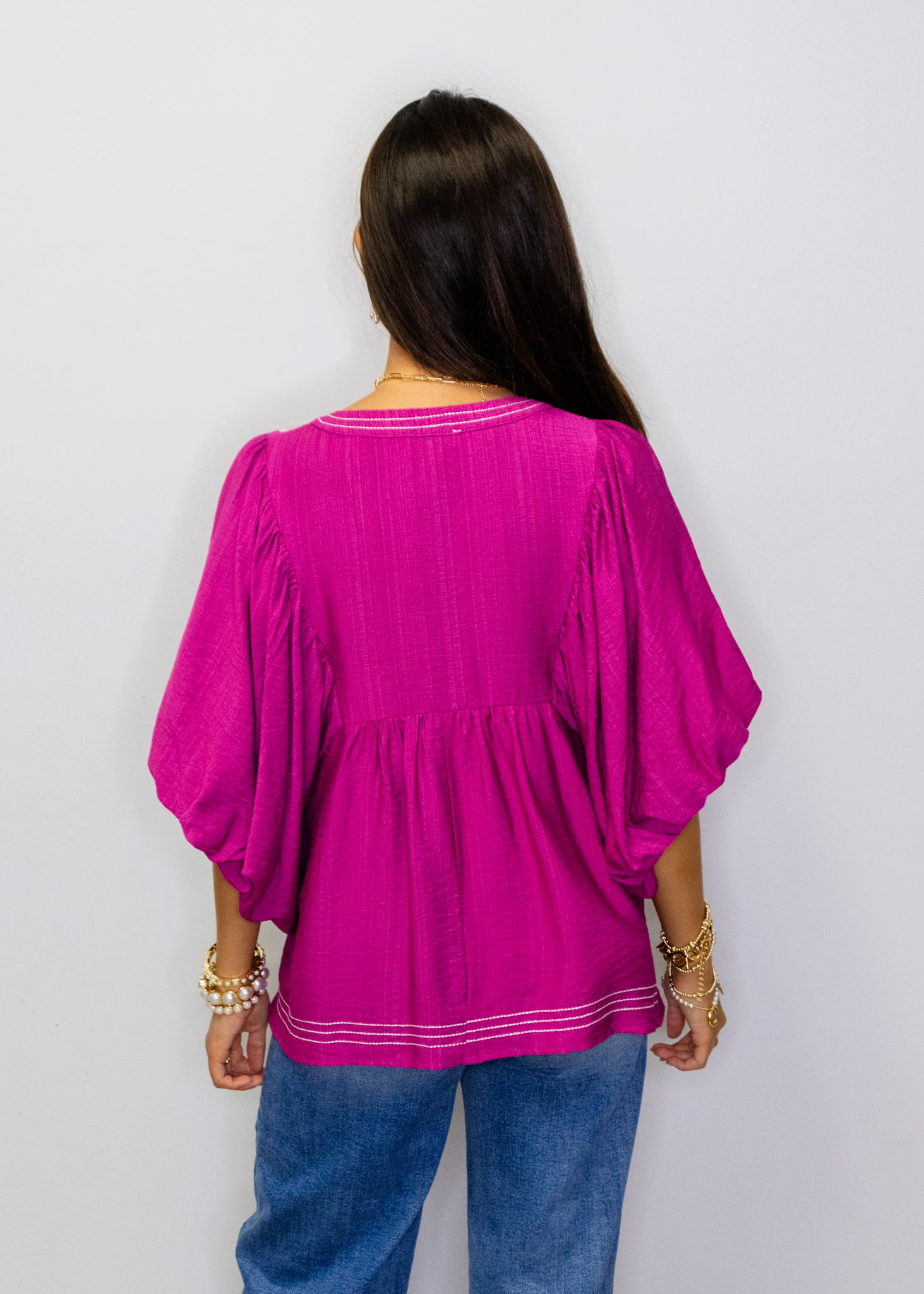 Magenta Embroidered V-Neck Blouse