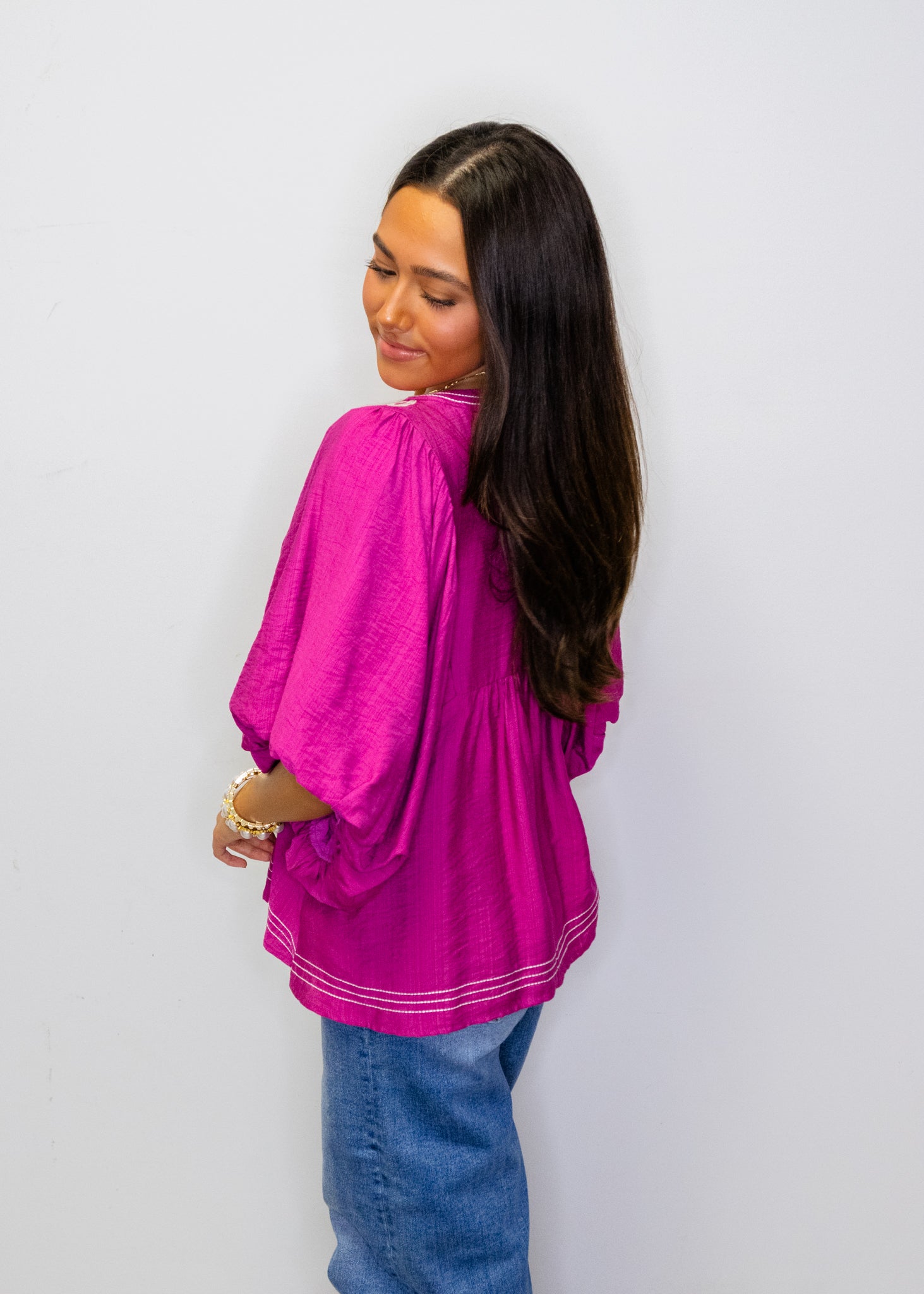 Magenta Embroidered V-Neck Blouse