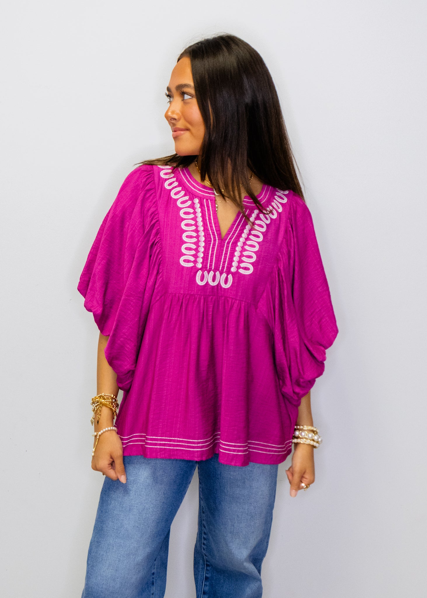 Magenta Embroidered V-Neck Blouse