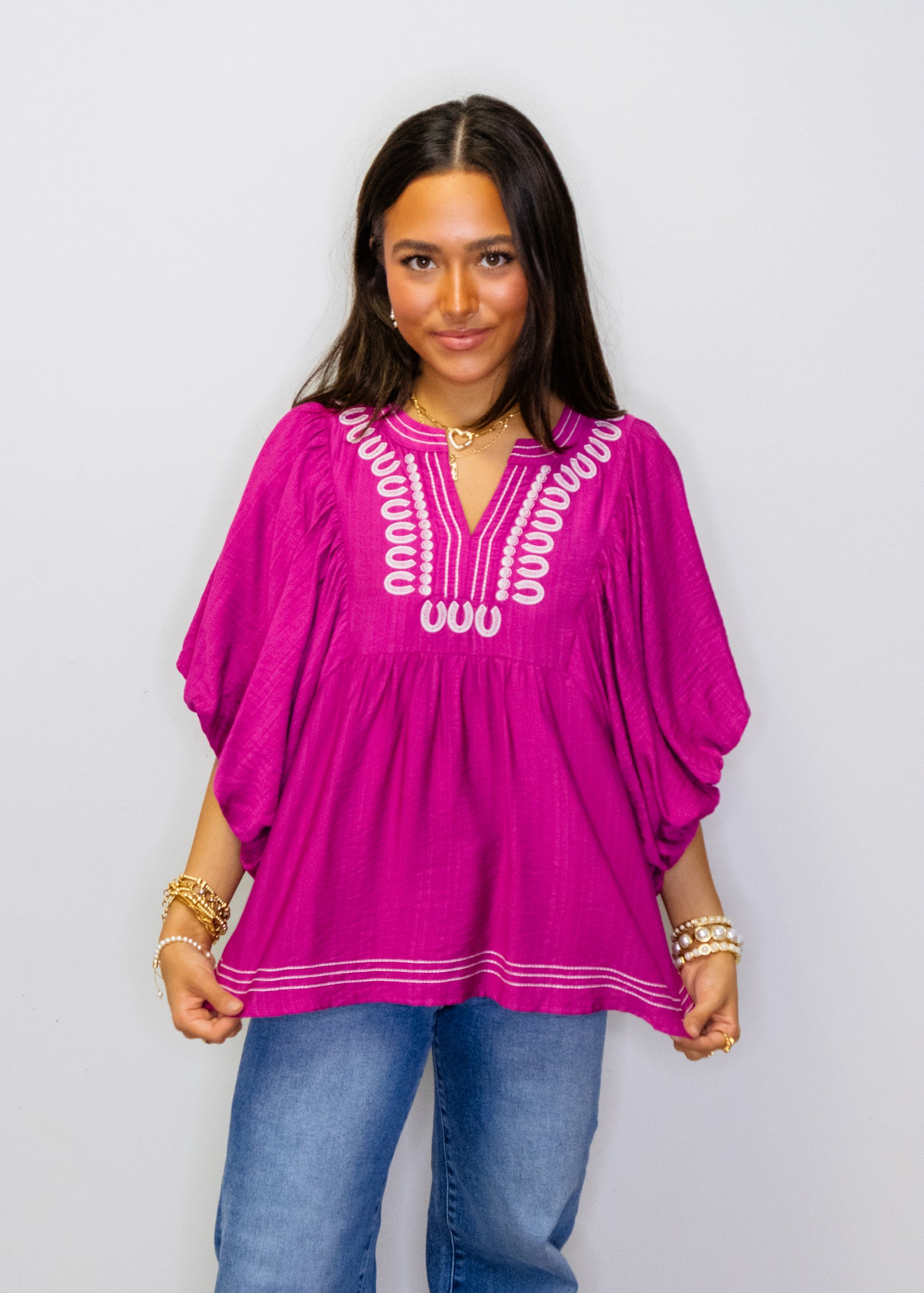 Magenta Embroidered V-Neck Blouse