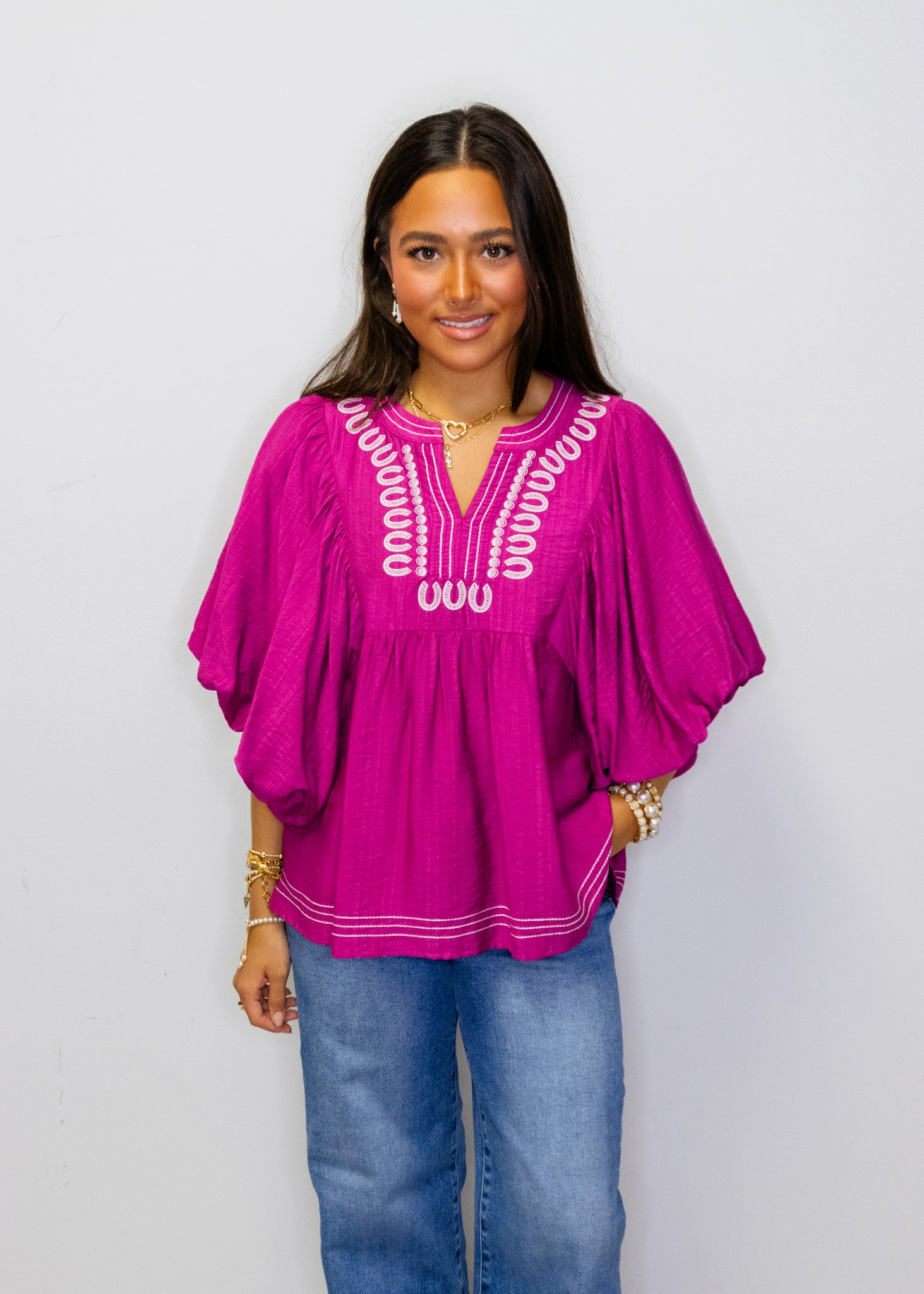 Magenta Embroidered V-Neck Blouse