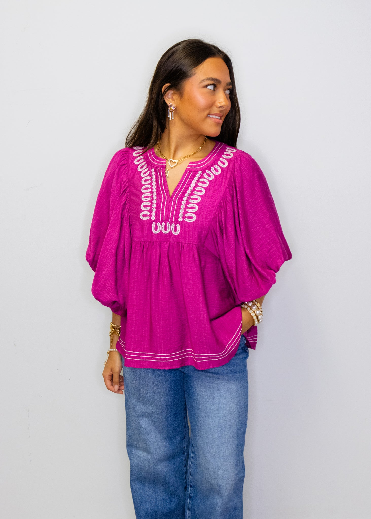 Magenta Embroidered V-Neck Blouse