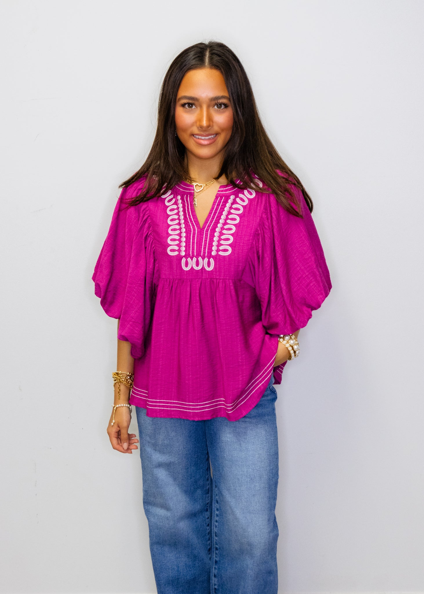 Magenta Embroidered V-Neck Blouse