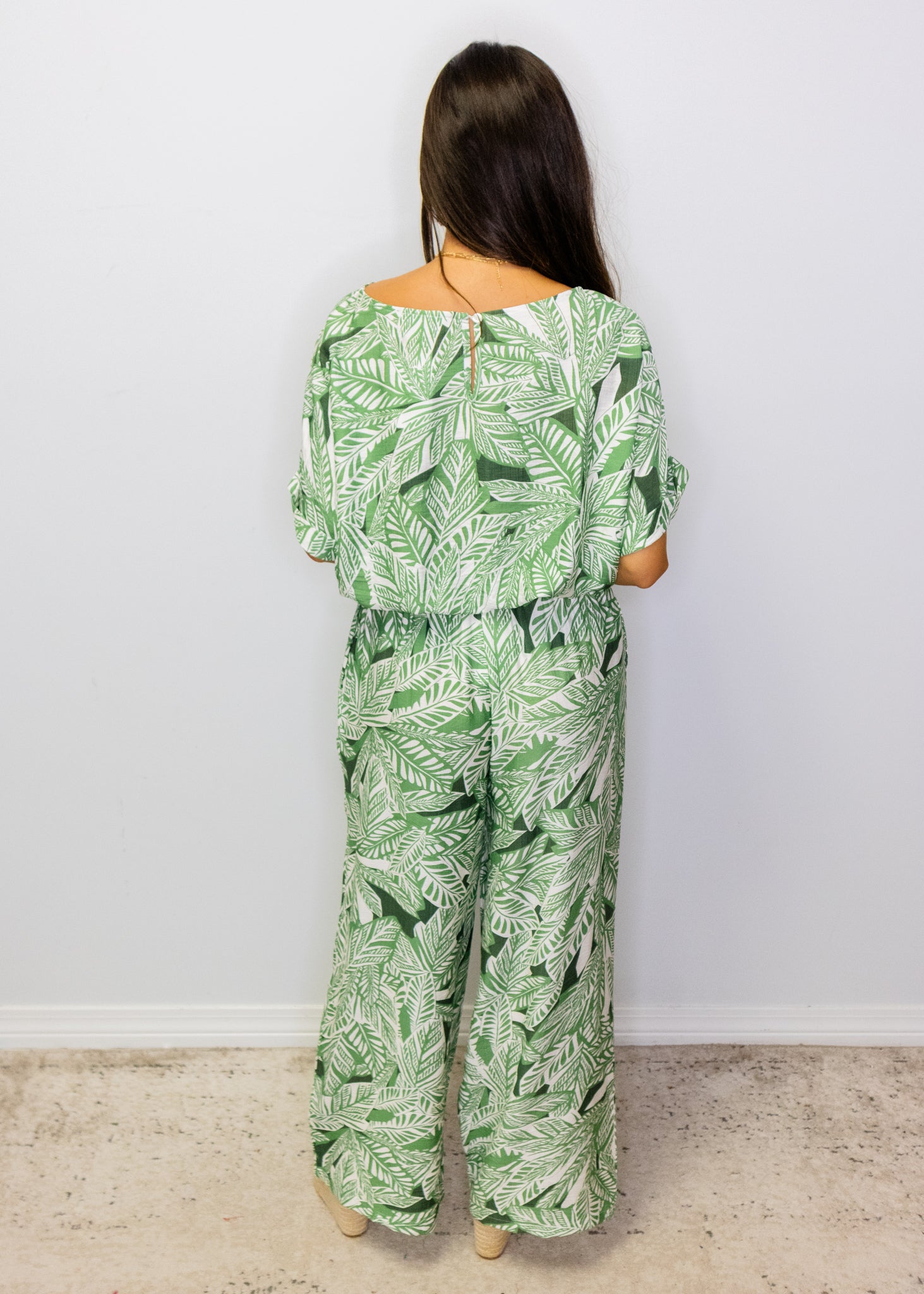 Green Palms Print Elastic Waist Top
