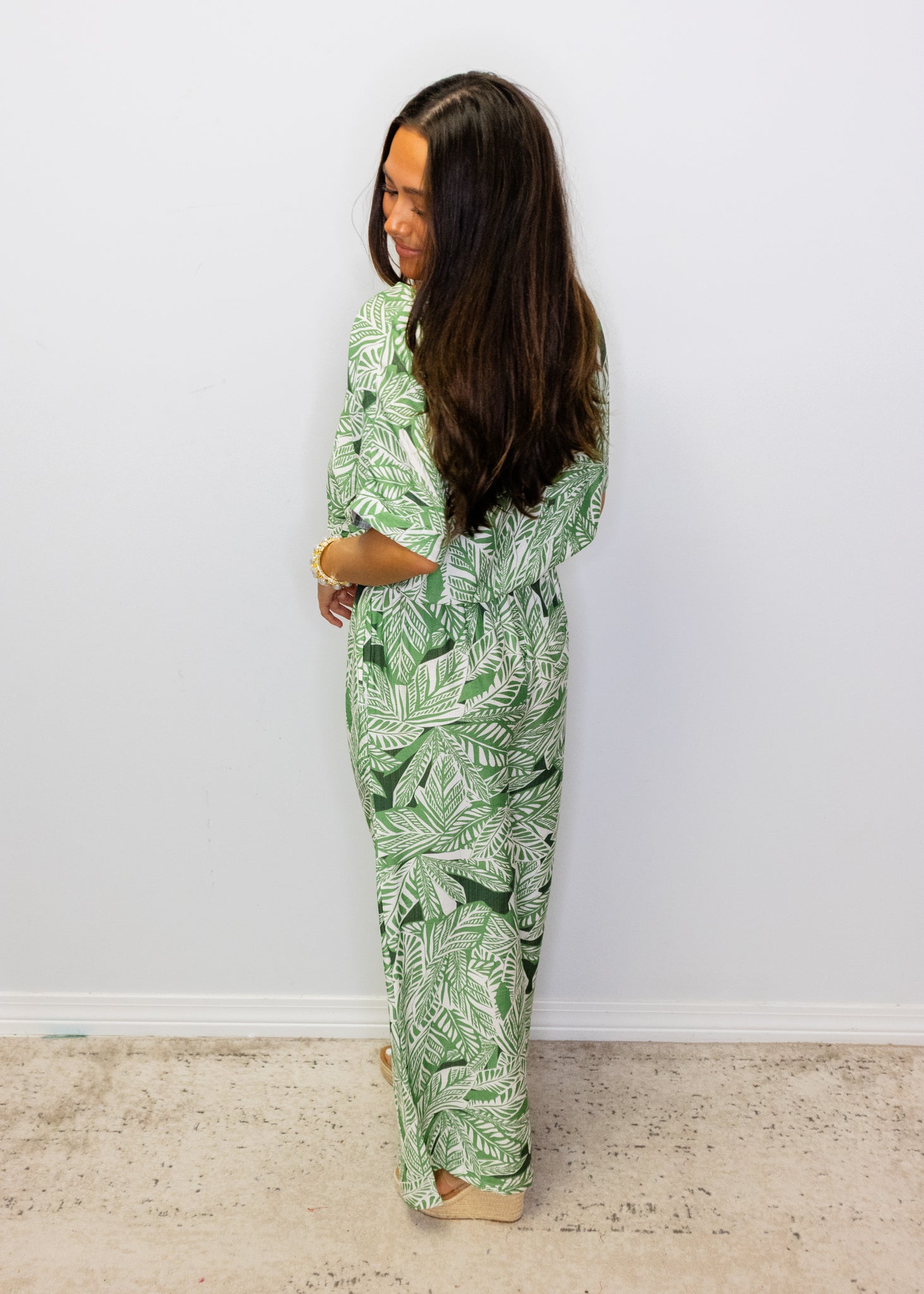 Green Palms Print Elastic Waist Top