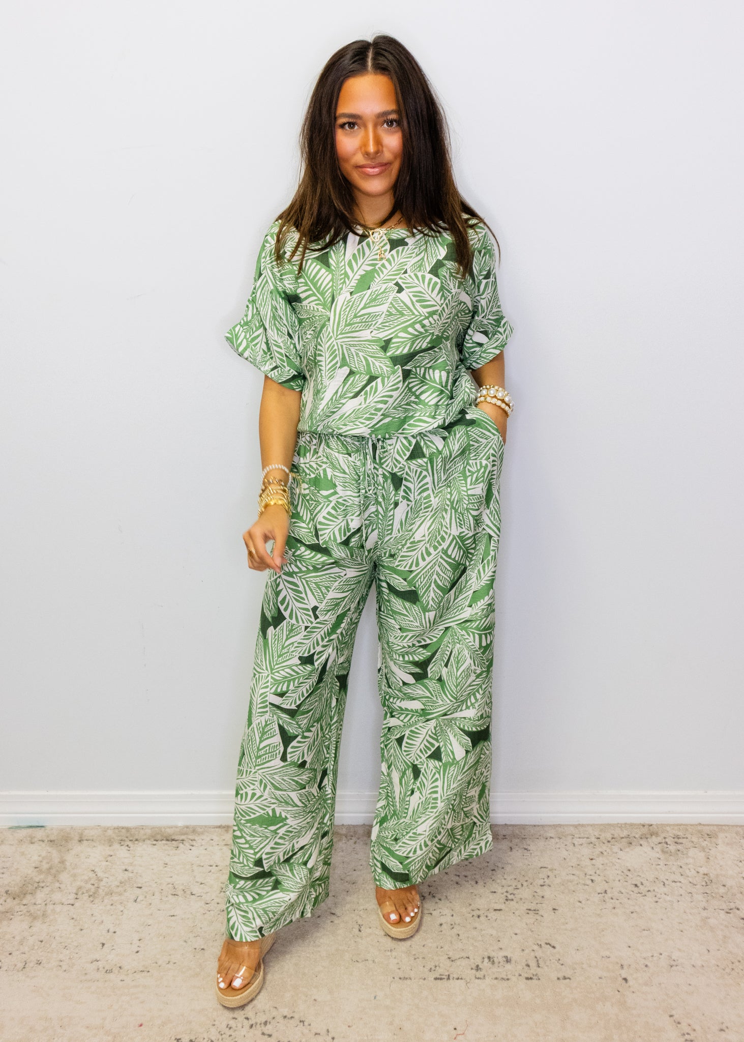 Green Palms Print Elastic Waist Top